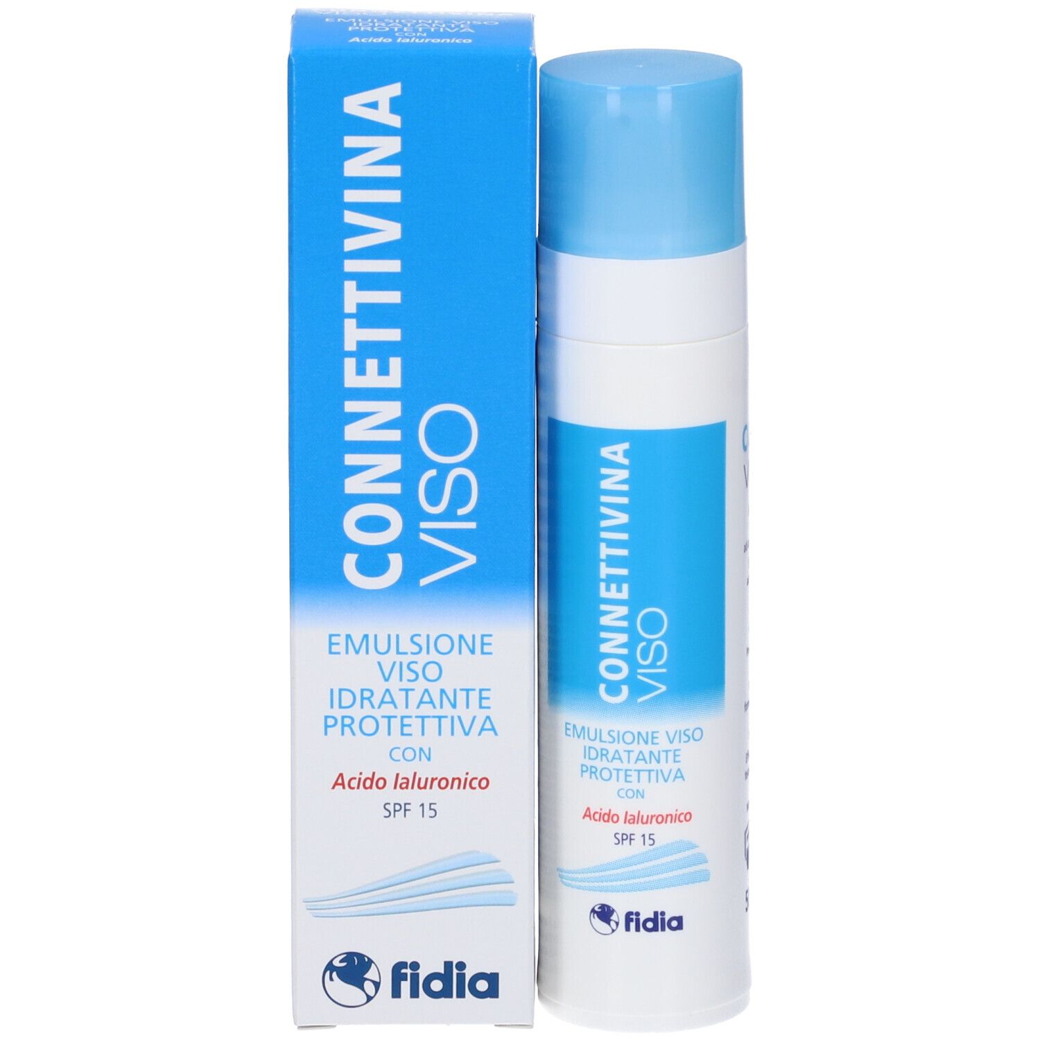 Fidia Connettivina Viso Emulsione, con SPF 15, in scatola e flacone. Con acido ialuronico. Confezione blu e bianca.