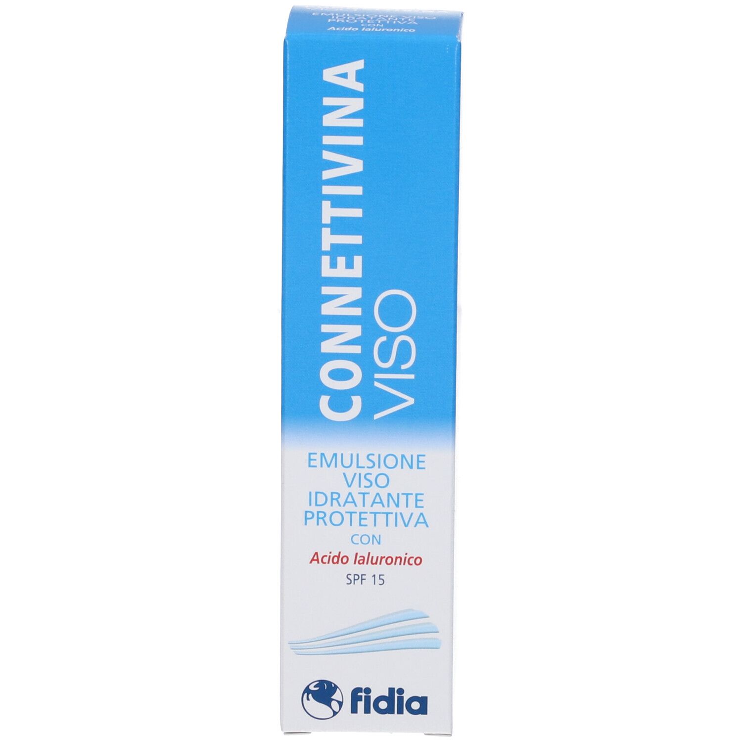 Fidia Connettivina Viso Emulsione, con SPF 15, in scatola blu. Contiene acido ialuronico.