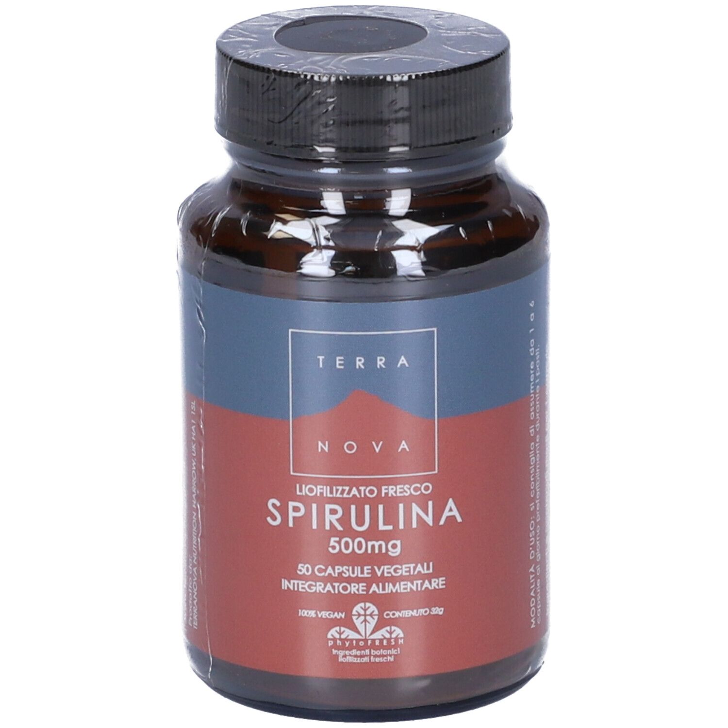 Flacone di vetro marrone con tappo nero, avvolto in pellicola. Etichetta: Spirulina 500mg, 50 capsule.