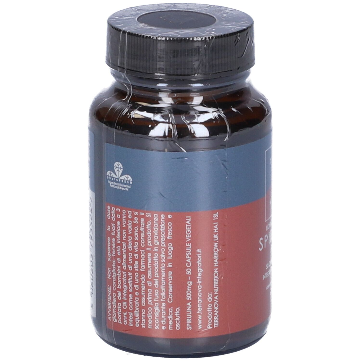 Flacone di vetro marrone con tappo nero, avvolto in pellicola. Etichetta: Spirulina 500mg, 50 capsule.