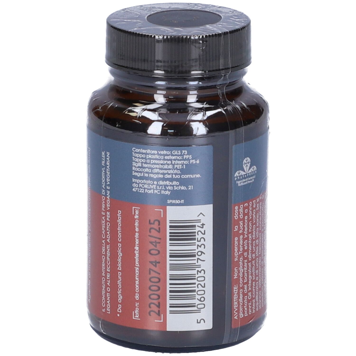 Flacone di vetro marrone con tappo nero, avvolto in pellicola. Etichetta: Spirulina 500mg, 50 capsule.
