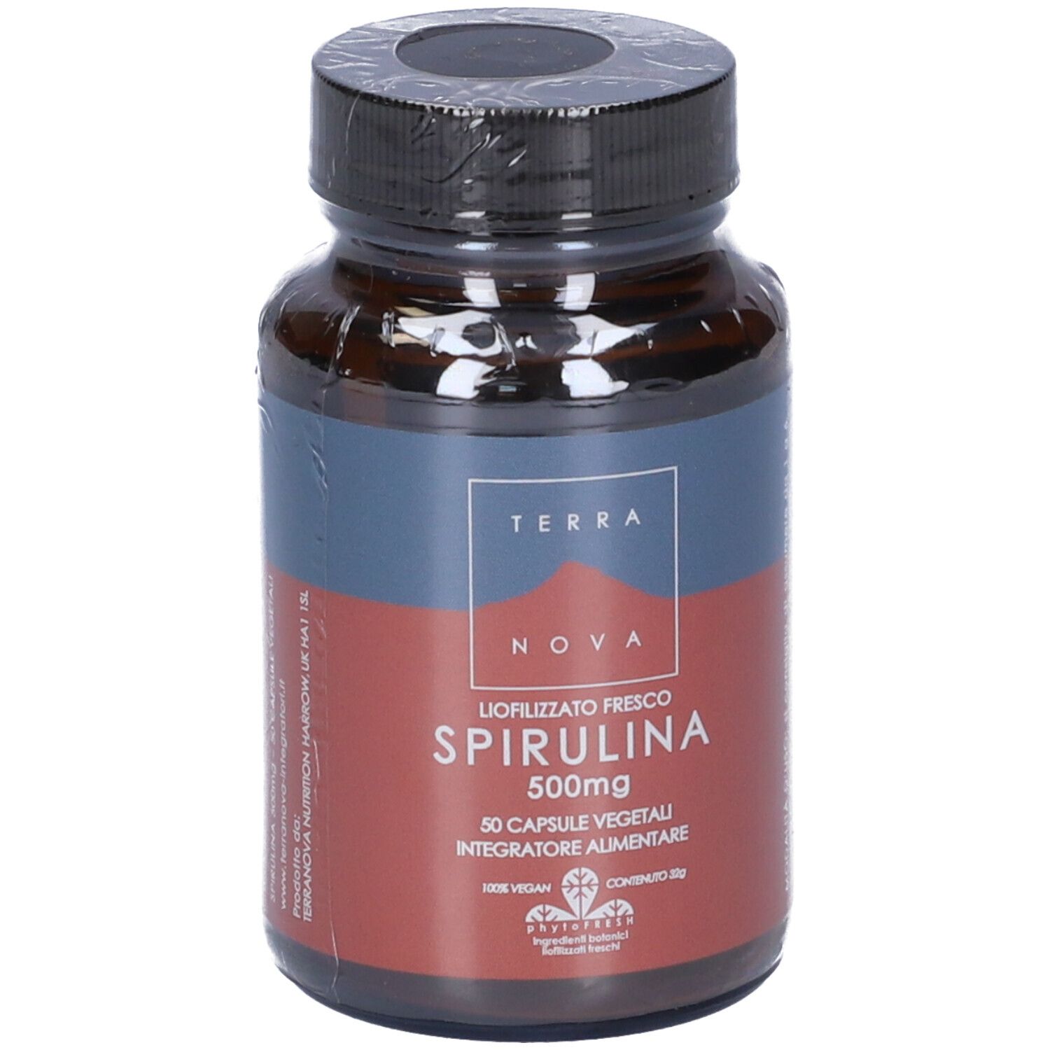 Flacone di vetro marrone con tappo nero, avvolto in pellicola. Etichetta: Spirulina 500mg, 50 capsule.