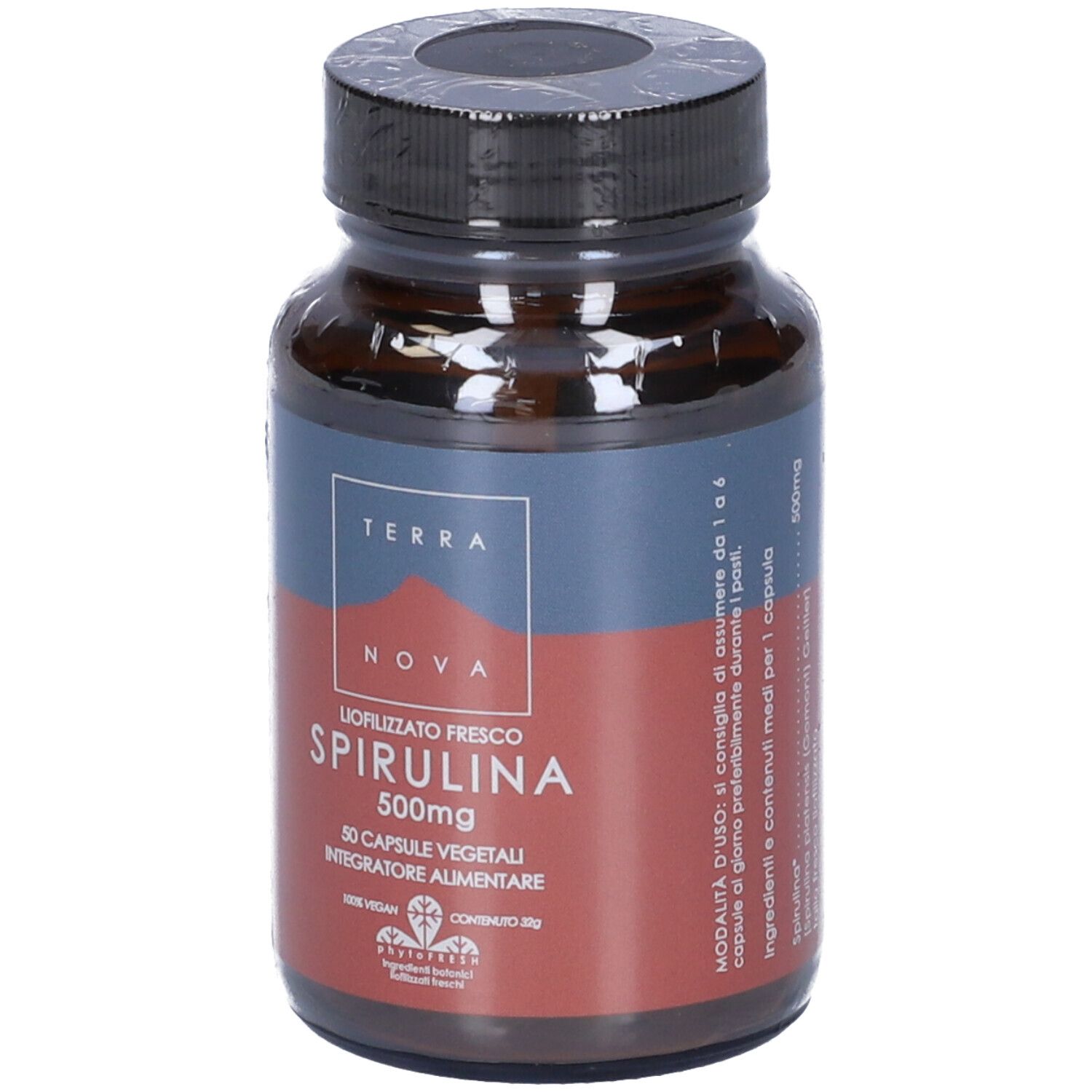 Flacone di vetro marrone con tappo nero, avvolto in pellicola. Etichetta: Spirulina 500mg, 50 capsule.