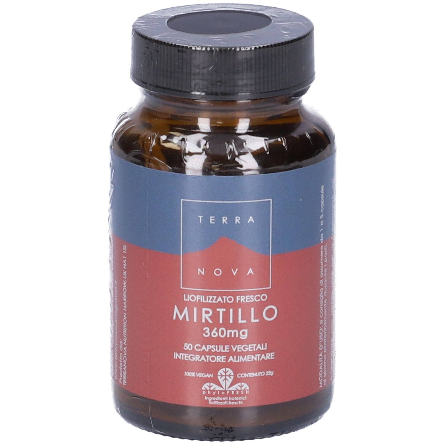 Flacone di vetro marrone con tappo nero. Etichetta con nome e marchio del prodotto. 50 capsule, 360mg. Vegano.