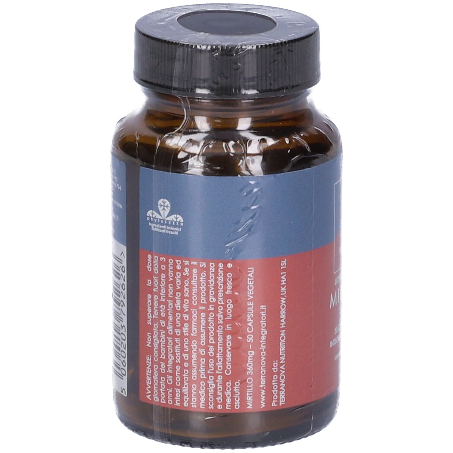 Flacone di vetro marrone con tappo nero. Etichetta con informazioni sul prodotto. 50 capsule. Vegano. Avvertenze.