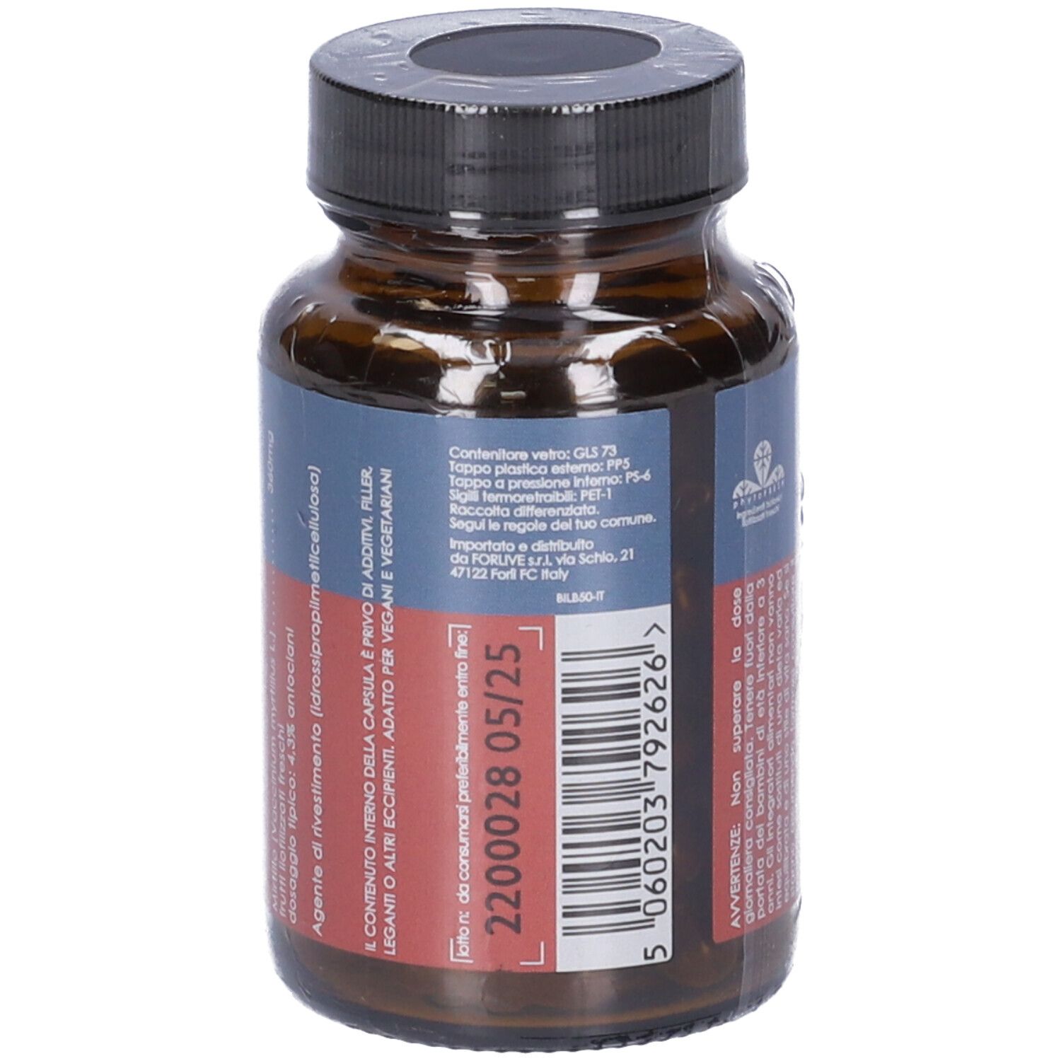 Flacone di vetro marrone con tappo nero. Etichetta con ingredienti e data di scadenza. 50 capsule. Vegano.