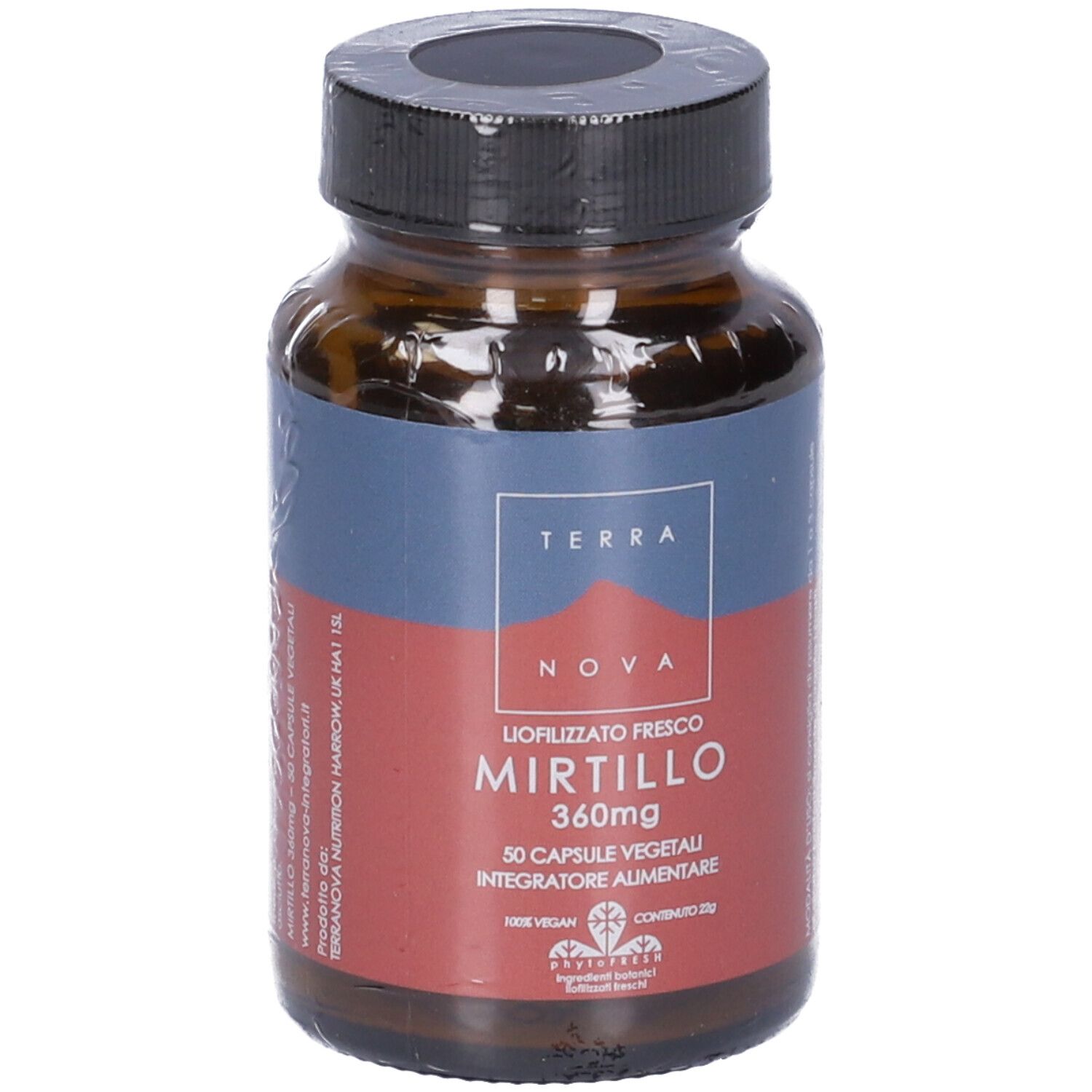 Flacone di vetro marrone con tappo nero. Etichetta con nome e marchio del prodotto. 50 capsule, 360mg. Vegano.