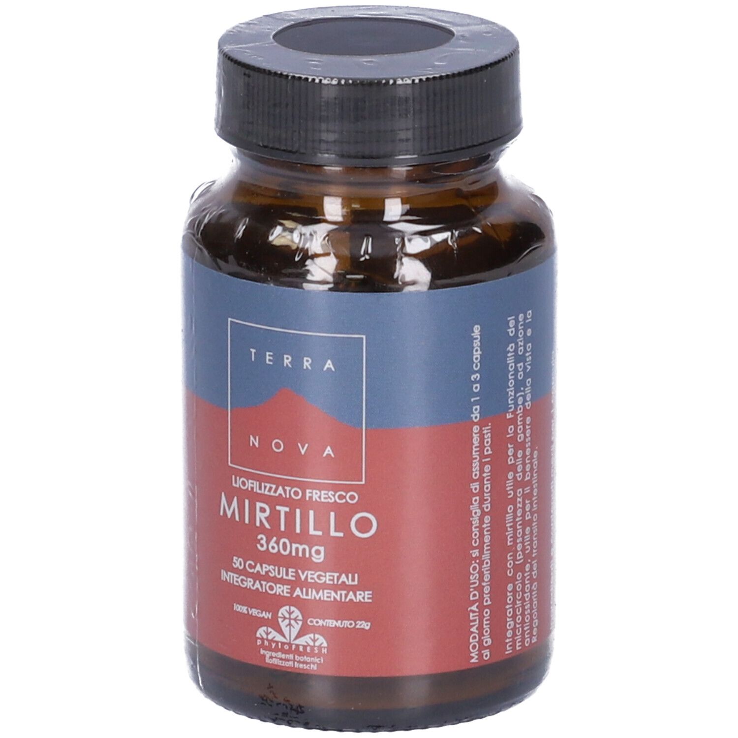 Flacone di vetro marrone con tappo nero. Etichetta con nome e marchio del prodotto. 50 capsule, 360mg. Vegano.