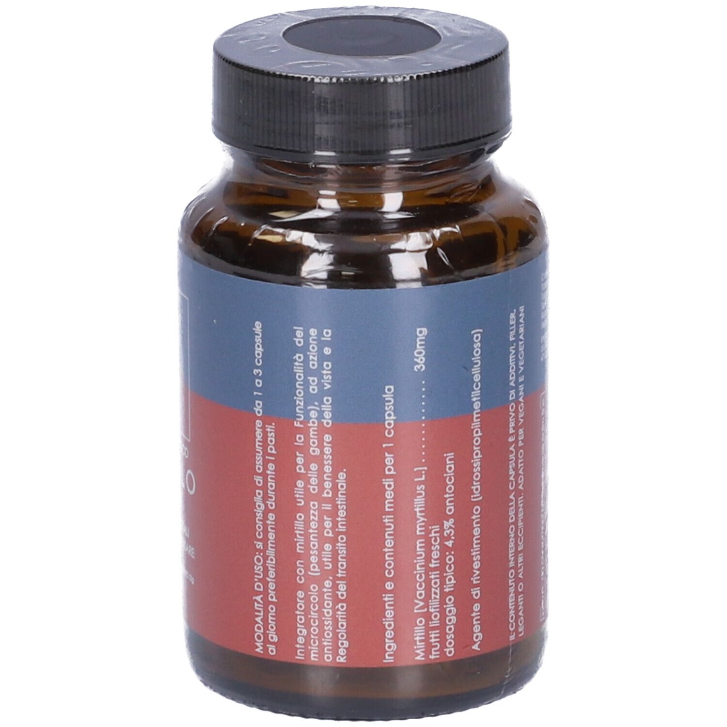 Flacone di vetro marrone con tappo nero. Etichetta con ingredienti e dosaggio. 50 capsule. Vegano.
