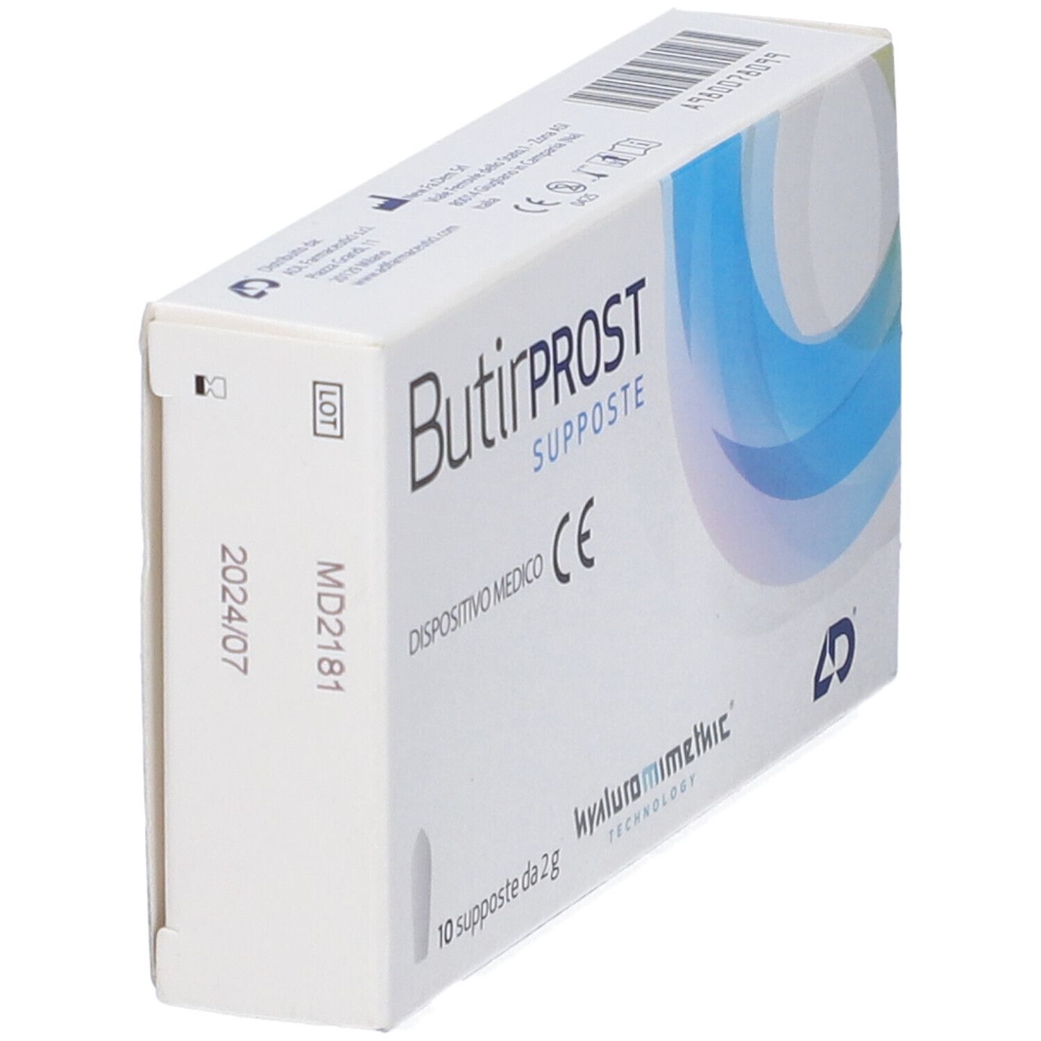 Scatola Butirprost Supposte, 10 pezzi. Dispositivo medico. Numero di lotto e scadenza.
