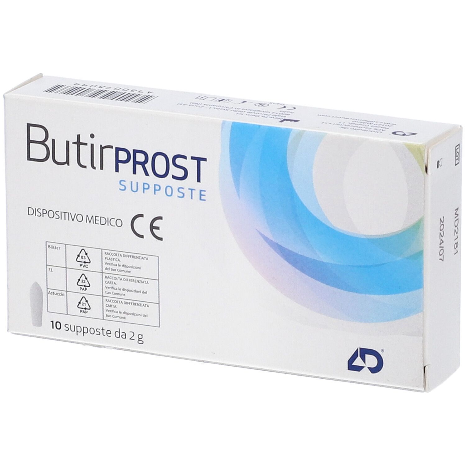 Scatola Butirprost Supposte, 10 pezzi. Dispositivo medico. Simboli di riciclaggio.