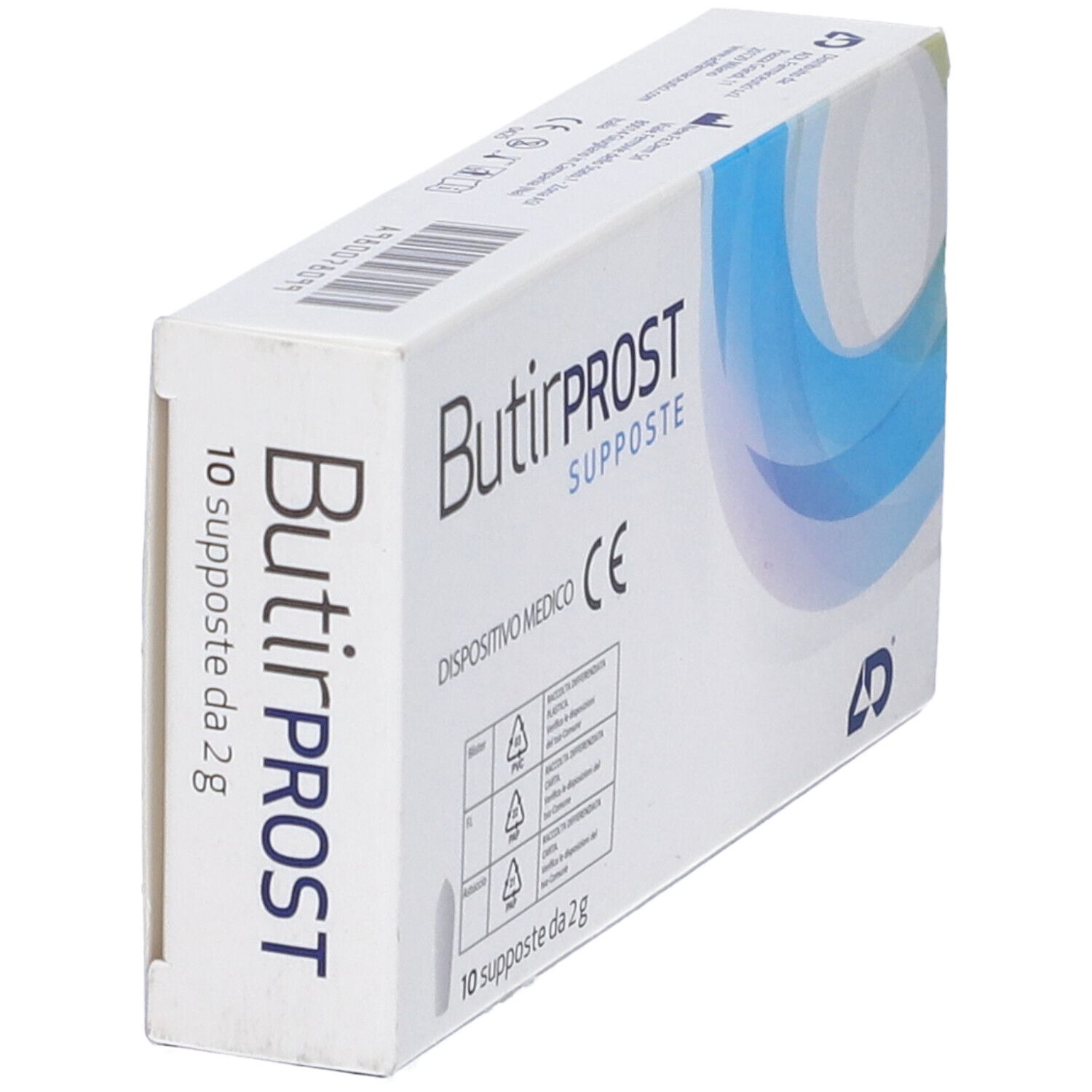 Scatola Butirprost Supposte, 10 pezzi. Dispositivo medico. Nome del prodotto sul lato.