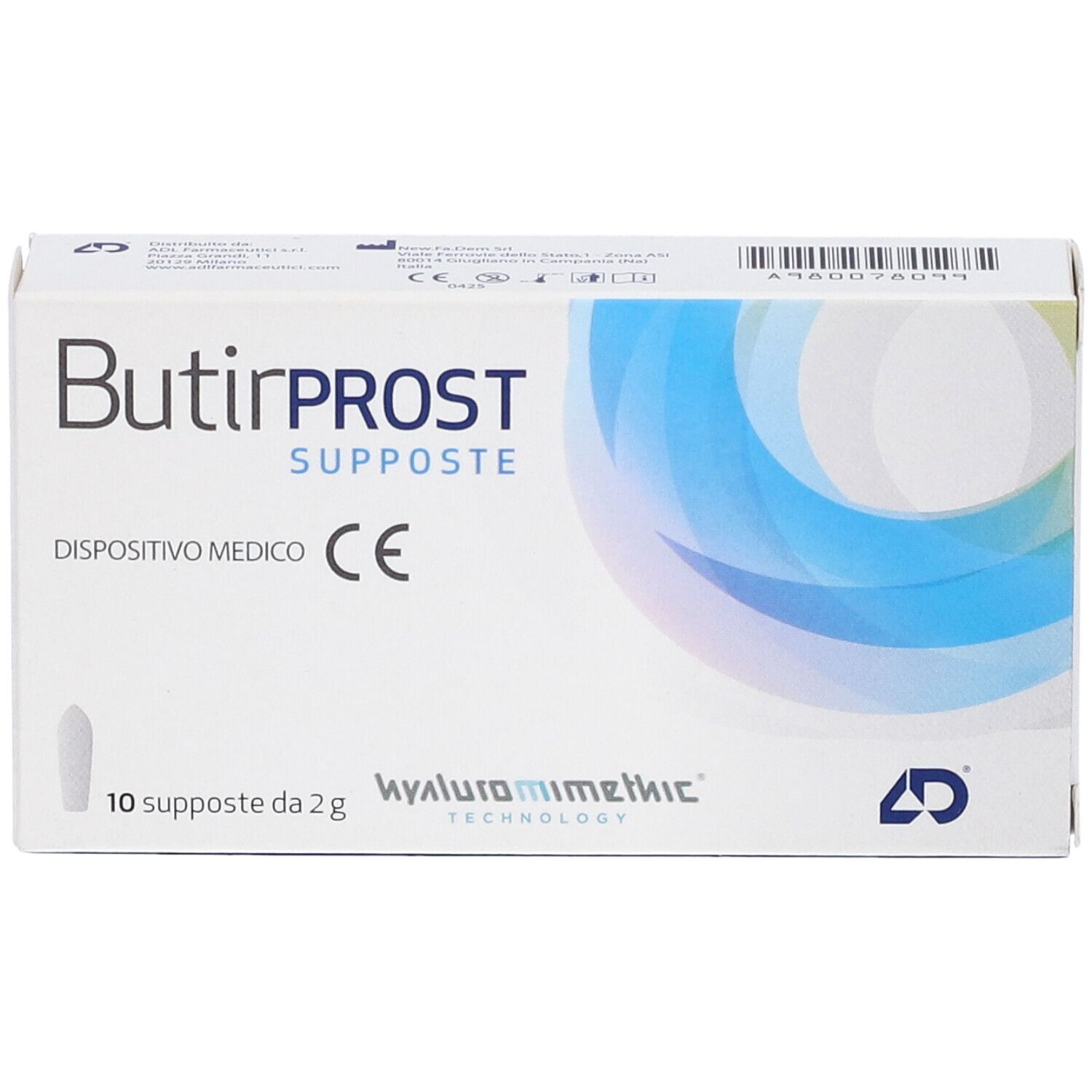 Scatola Butirprost Supposte, 10 pezzi. Dispositivo medico. Nome e dettagli del prodotto.