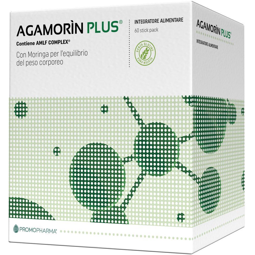 Scatola bianca con design verde. Scritta: Agamorin Plus, Integratore Alimentare, 60 stick pack. Contiene AMLF COMPLEX.
