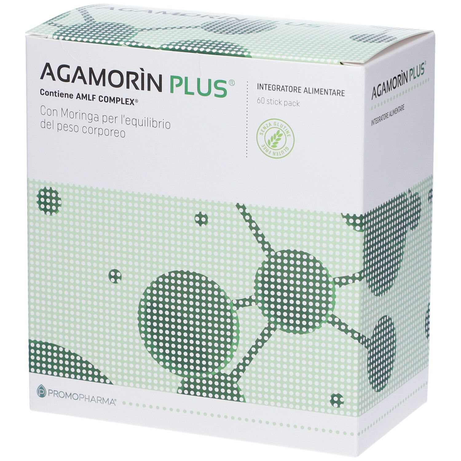 Scatola bianca con design verde. Scritta: Agamorin Plus, Integratore Alimentare, 60 stick pack. Contiene AMLF COMPLEX.