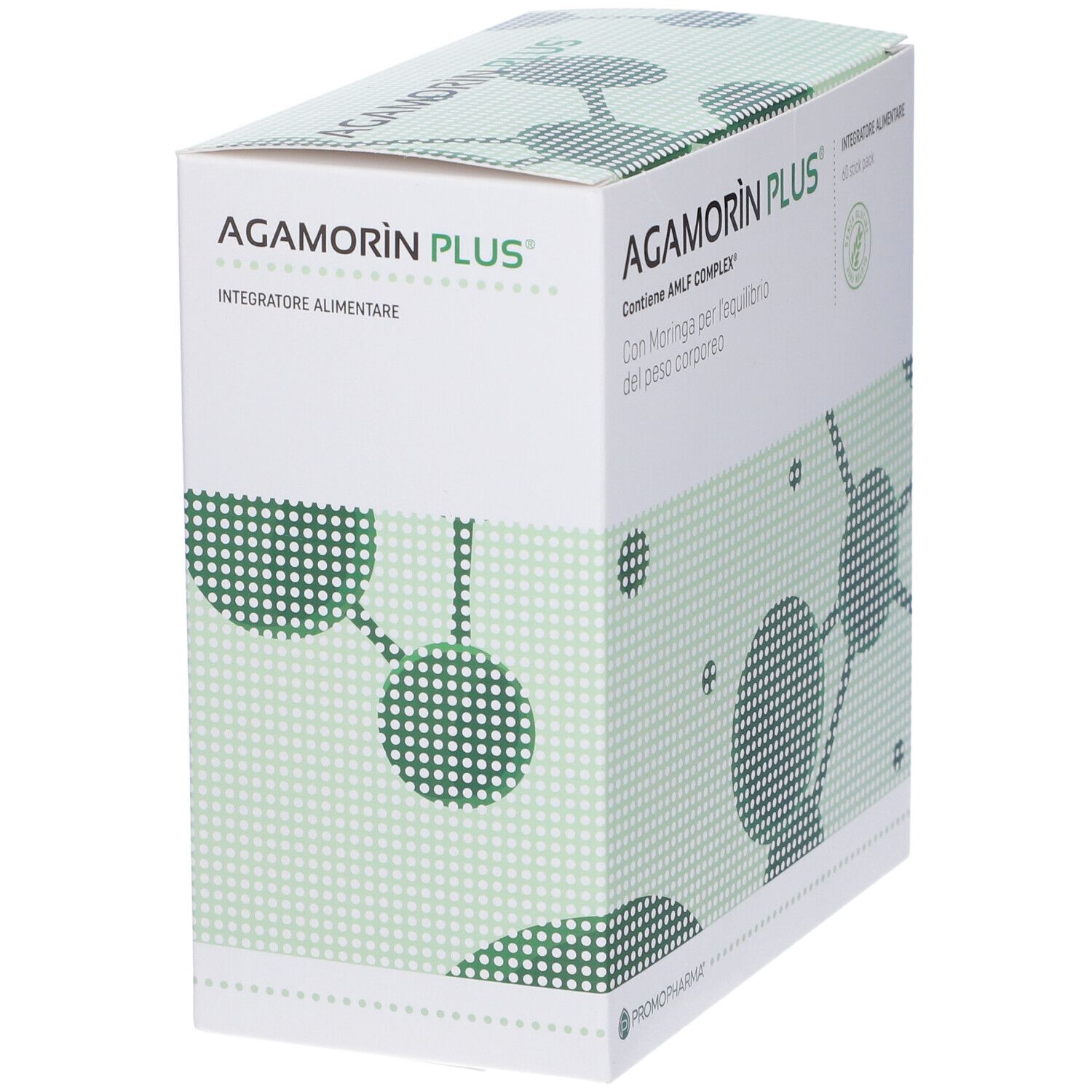 Scatola bianca con design verde. Scritta: Agamorin Plus, Integratore Alimentare, 60 stick pack. Contiene AMLF COMPLEX.
