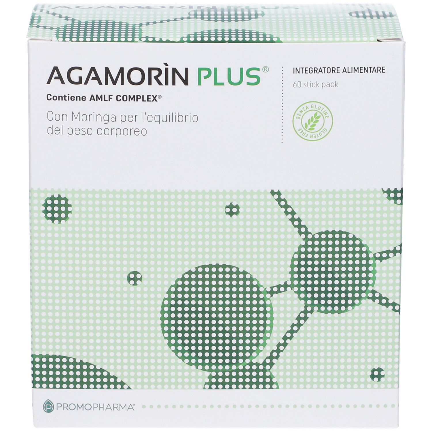 Scatola bianca con design verde. Scritta: Agamorin Plus, Integratore Alimentare, 60 stick pack. Contiene AMLF COMPLEX.