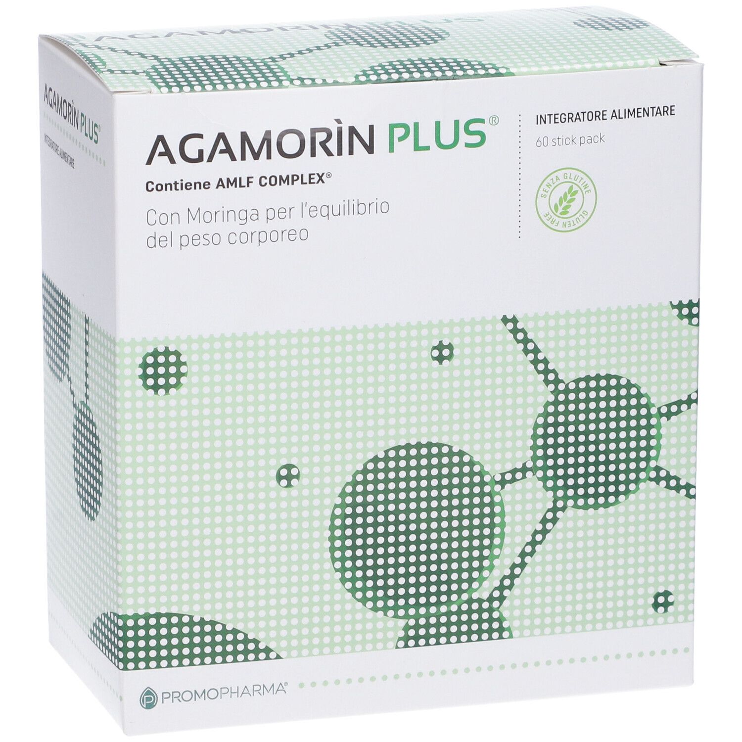 Scatola bianca con design verde. Scritta: Agamorin Plus, Integratore Alimentare, 60 stick pack. Contiene AMLF COMPLEX.