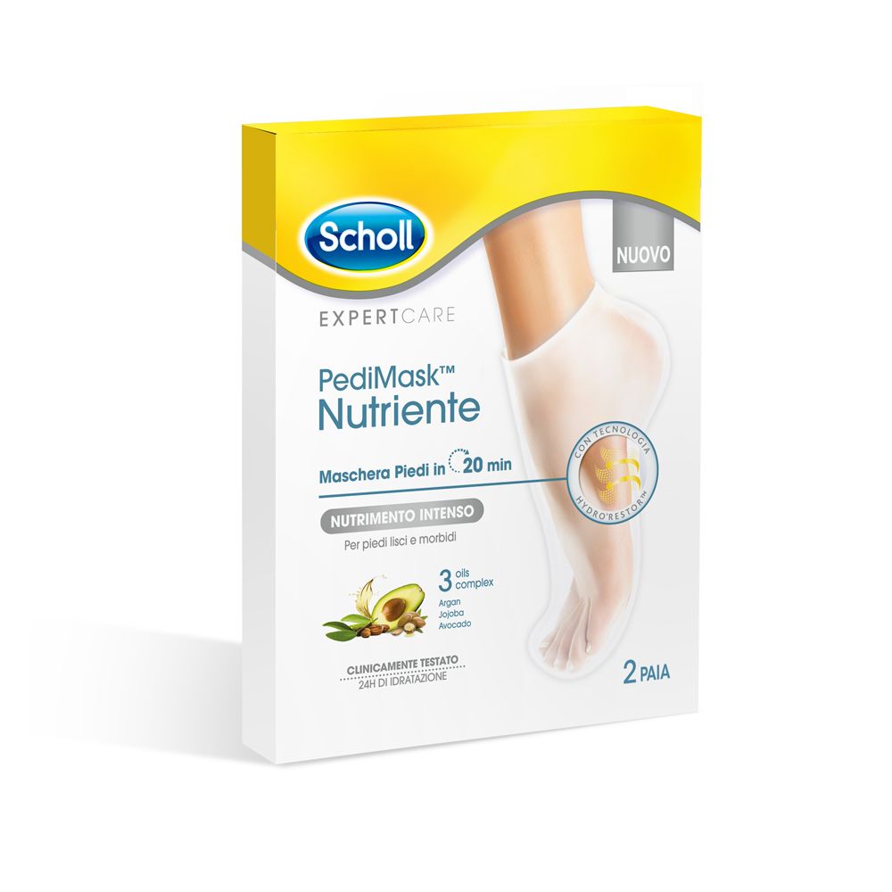 Confezione Scholl PediMask™. Scatola bianca con immagine e testo del prodotto. Contiene 2 paia di maschere. Scritto: Nutriente.