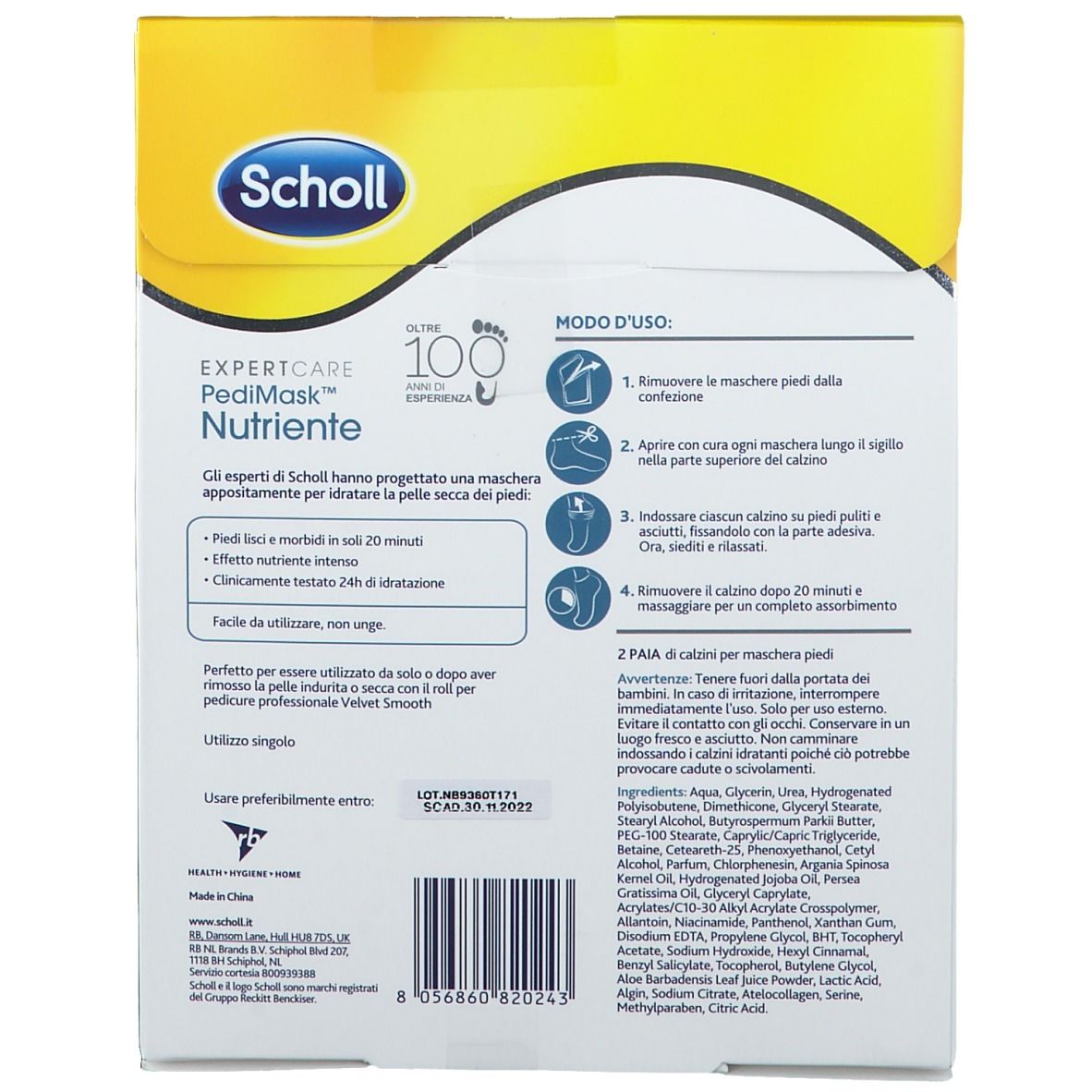 Retro della confezione Scholl PediMask™. Testo e istruzioni. Contiene ingredienti e istruzioni per l'uso.