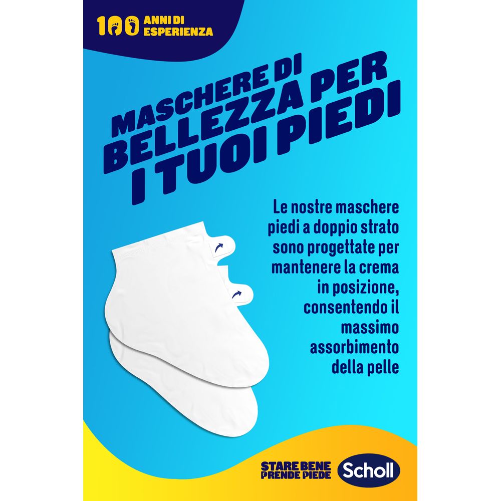 Immagine pubblicitaria con calzini bianchi. Testo: « Maschere di bellezza per i tuoi piedi » e « Stare bene prende piede Scholl ».