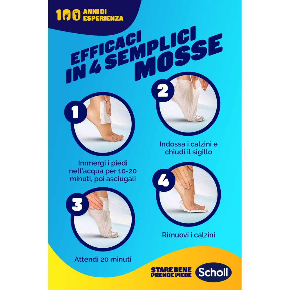 Immagine pubblicitaria con piedi e istruzioni. Testo: « Efficaci in 4 semplici mosse » e « Stare bene prende piede Scholl ».
