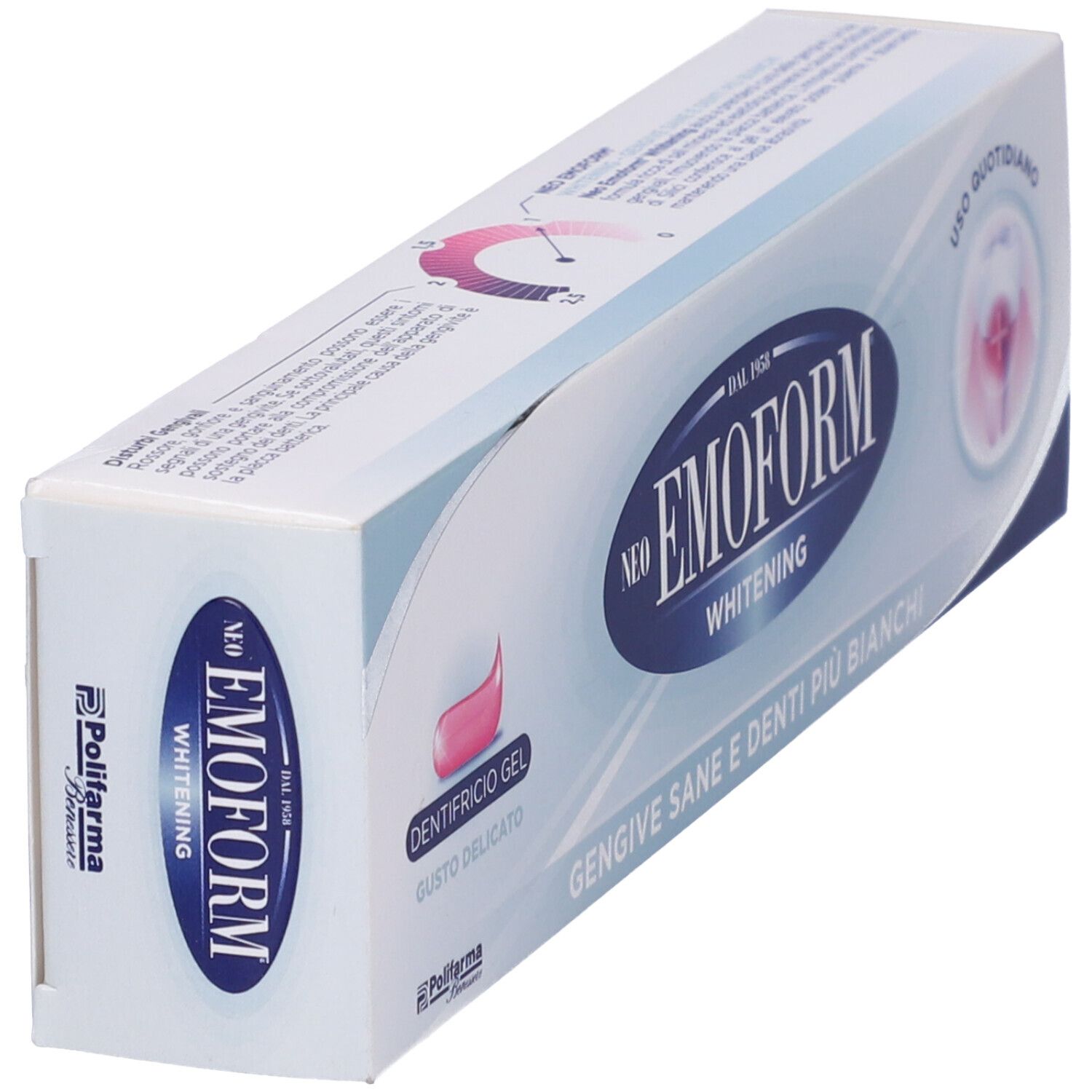 Packung Zahnpasta EMOFORM Whitening, Dentifricio Gel, für gesundes Zahnfleisch und weißere Zähne.