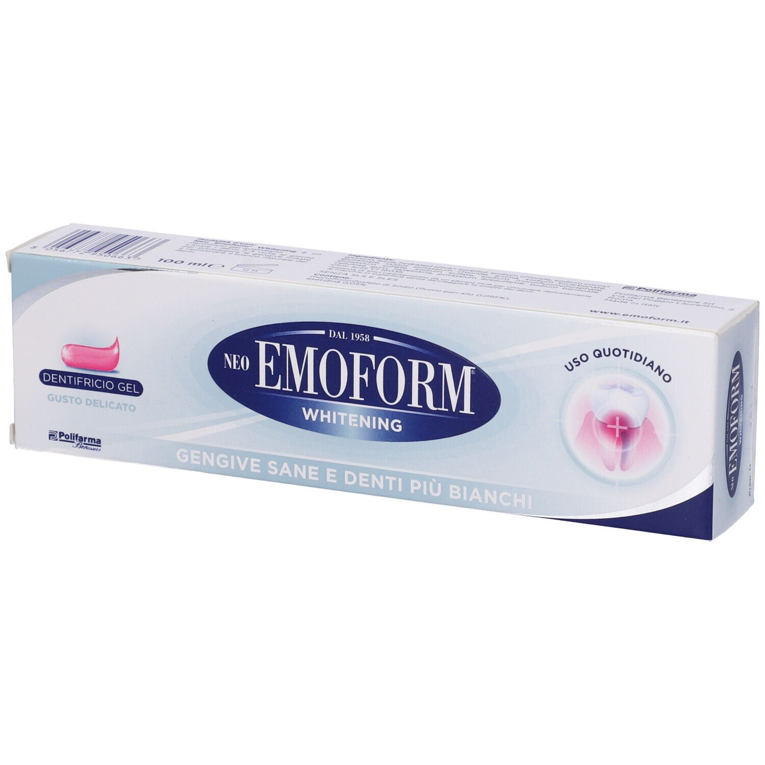 Packung Neo Emoform Whitening Zahnpasta, weiß mit blauen Akzenten. Zeigt eine stilisierte Zahnabbildung.