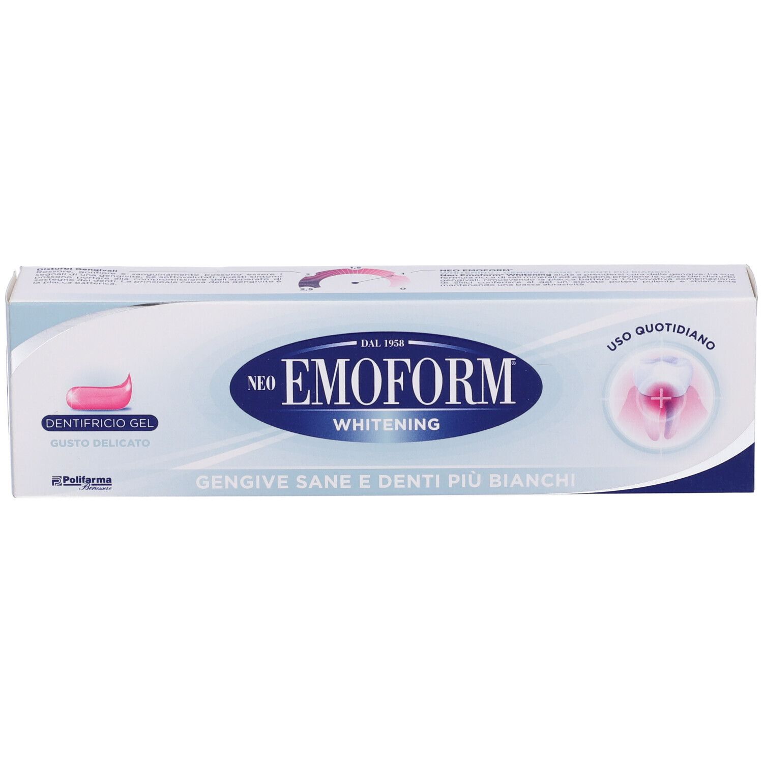 Packung Neo Emoform Whitening Zahnpasta, weiß mit blauen Akzenten. Zeigt ein Zahn-Symbol und Text.