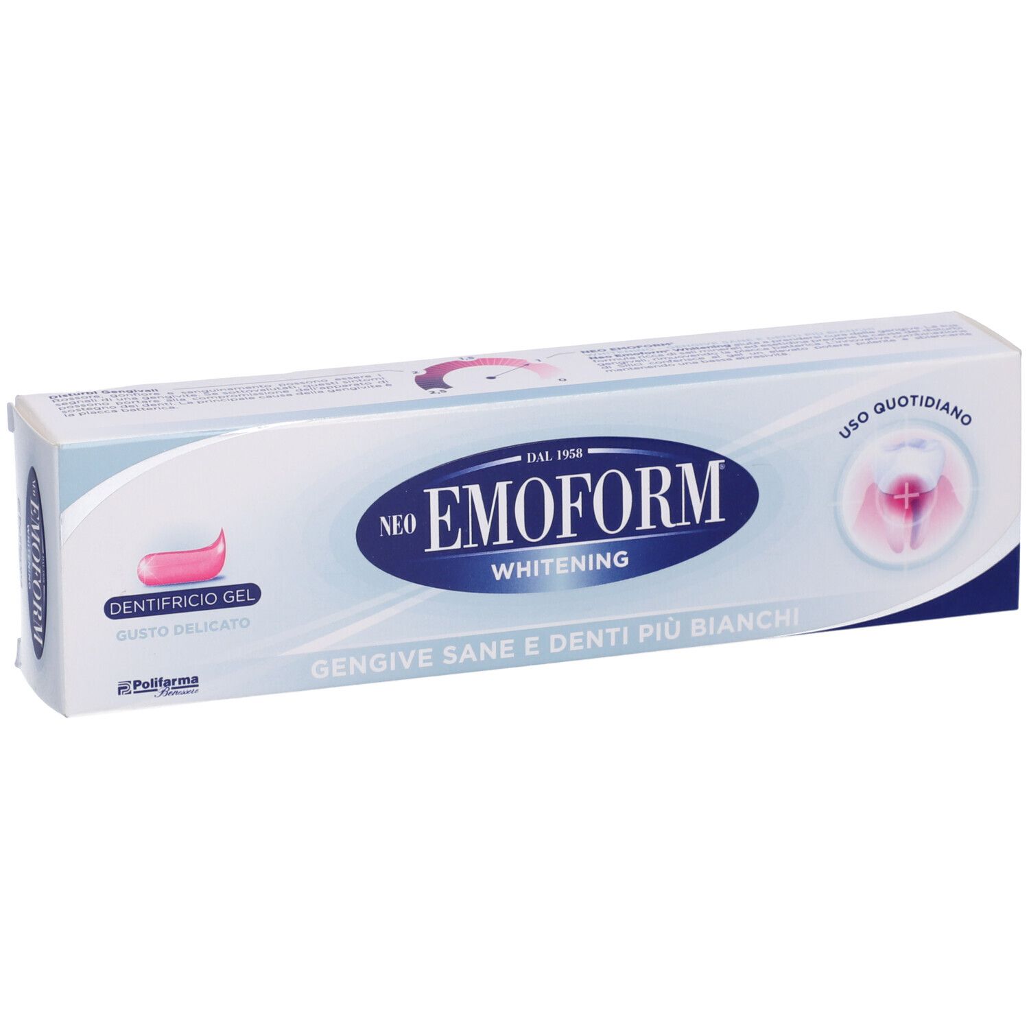 Neo Emoform Whitening Zahnpasta-Tube mit Aufdruck 'Gengive sane e denti più bianchi'.