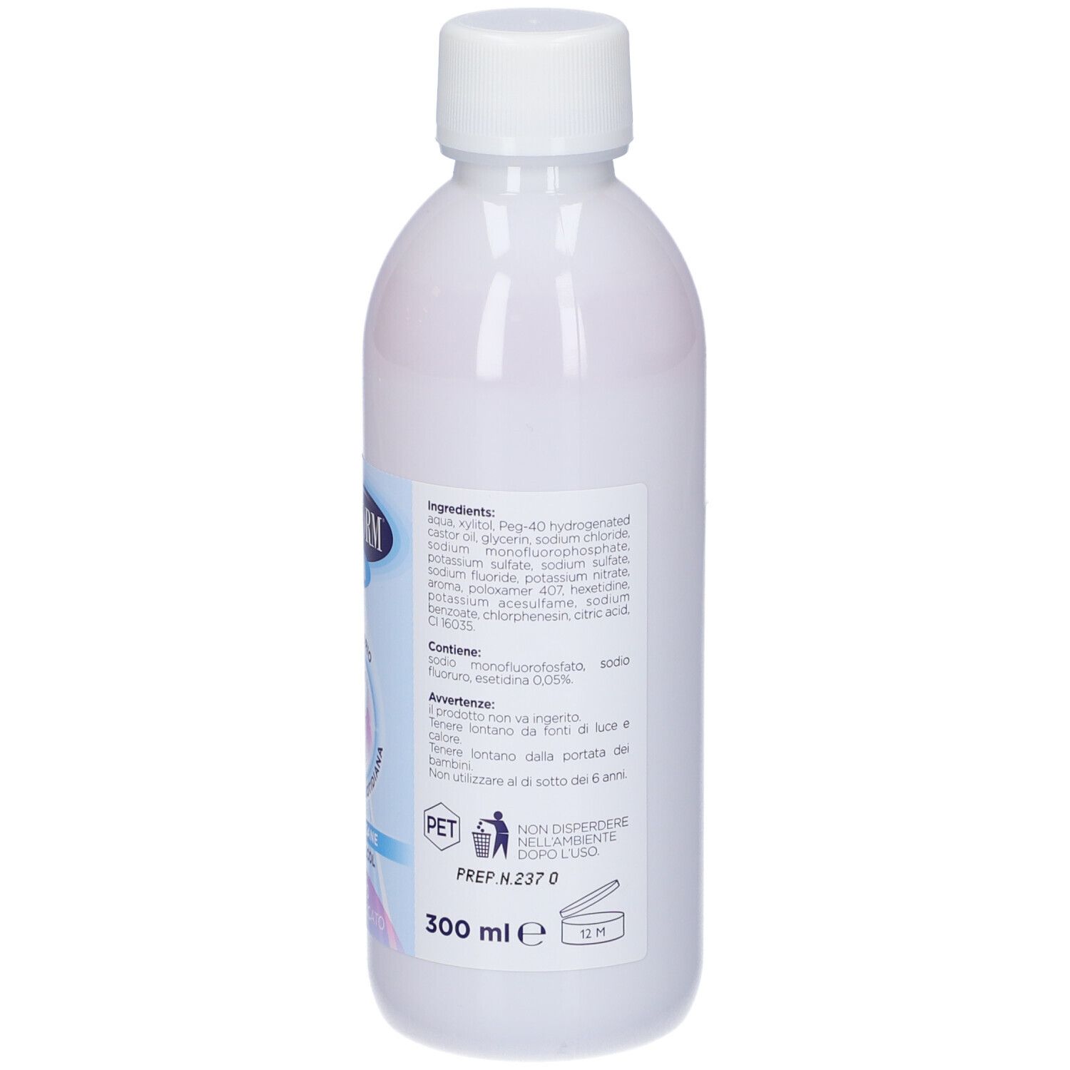 Retro della bottiglia bianca con etichetta. Contiene ingredienti, avvertenze e volume: 300 ml.
