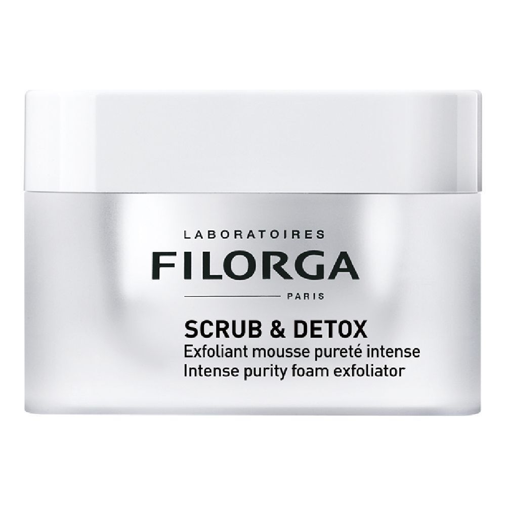 Pot blanc avec couvercle. Inscription FILORGA SCRUB & DETOX. Texte: Exfoliant mousse pureté intense, Intense purity foam exfoliator.