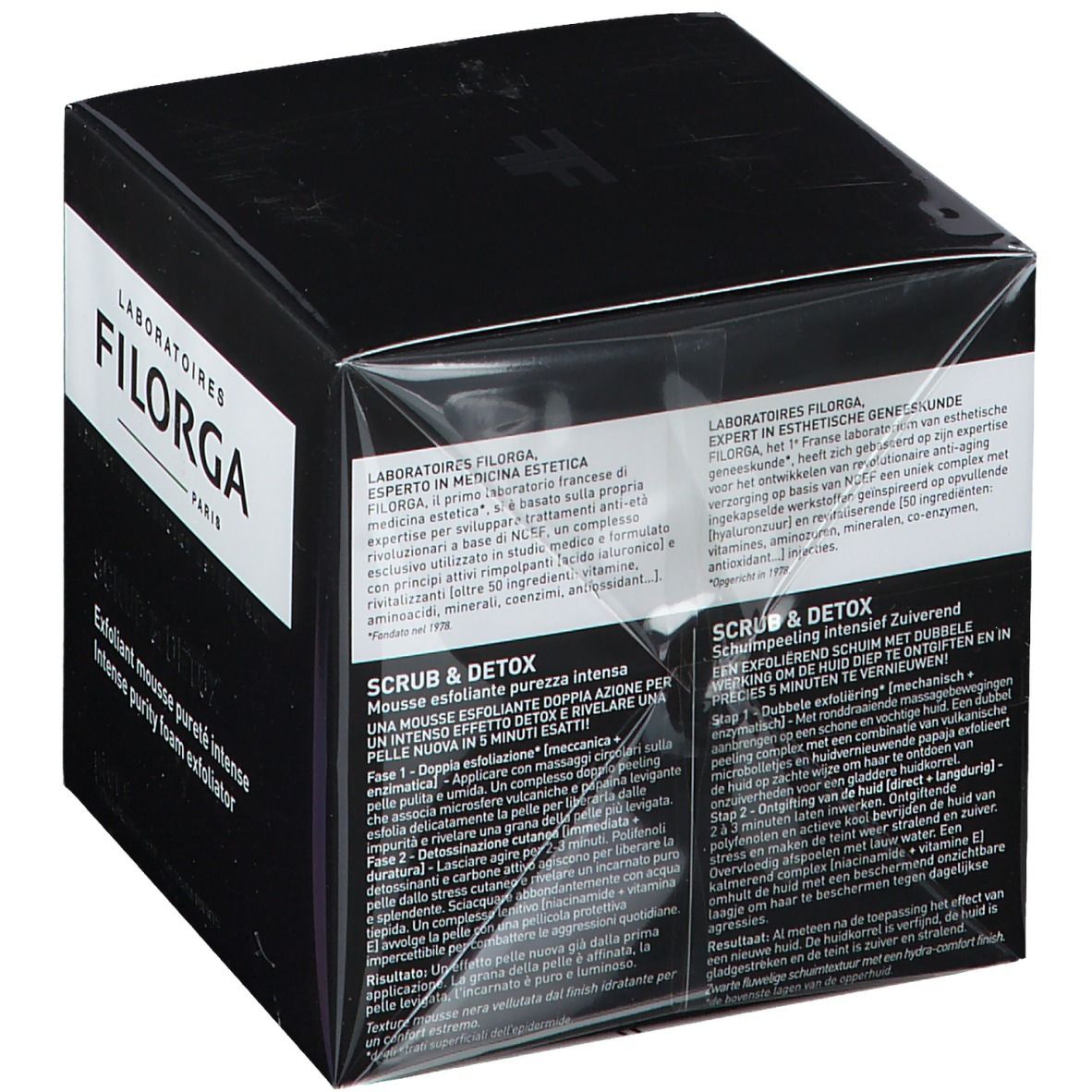 Boîte noire avec informations sur le produit. Inscription FILORGA SCRUB & DETOX. Texte: Exfoliant mousse pureté intense, Intense purity foam exfoliator.