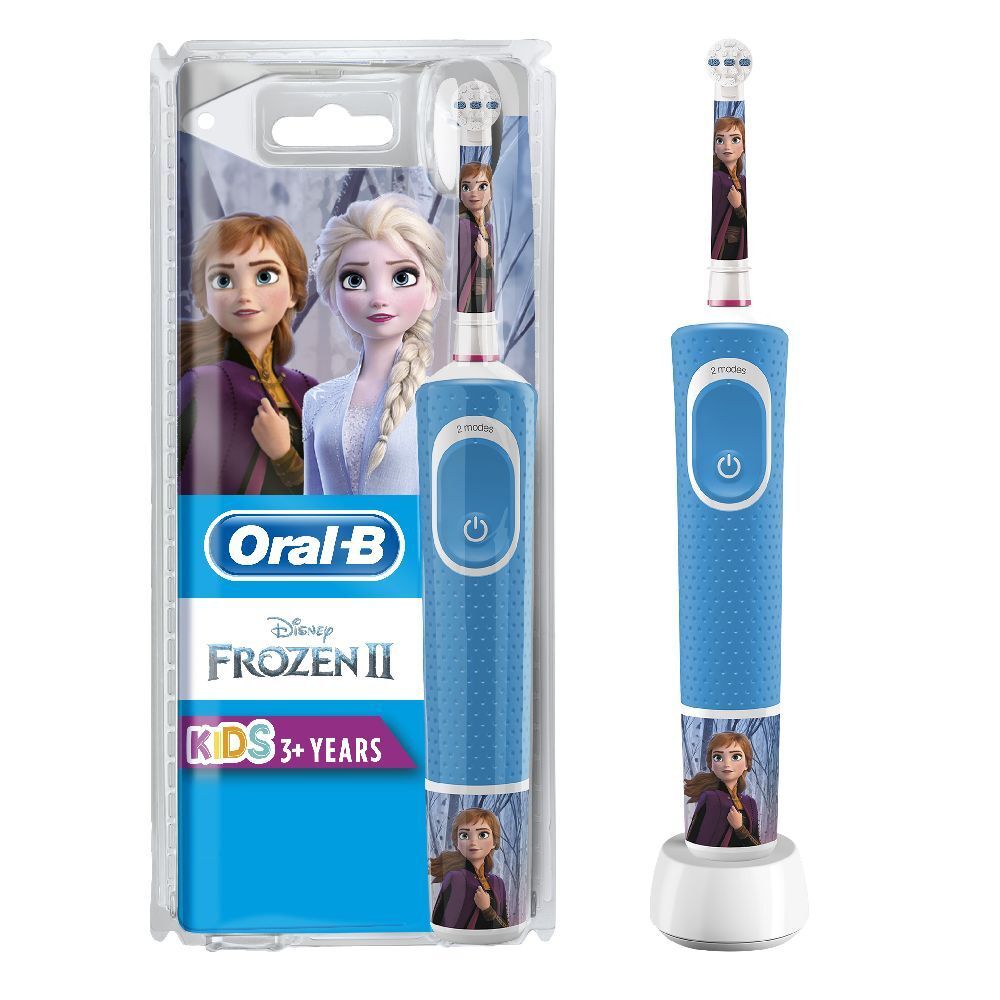 Spazzolino elettrico blu Oral-B Disney Frozen II. Include base di ricarica e due testine. Per bambini dai 3 anni in su.