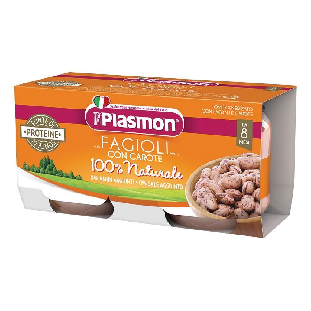 Confezione di omogeneizzato Plasmon. Scritta: Fagioli con Carote, 100% Naturale. Fonte di proteine. Per bambini da 8 mesi.