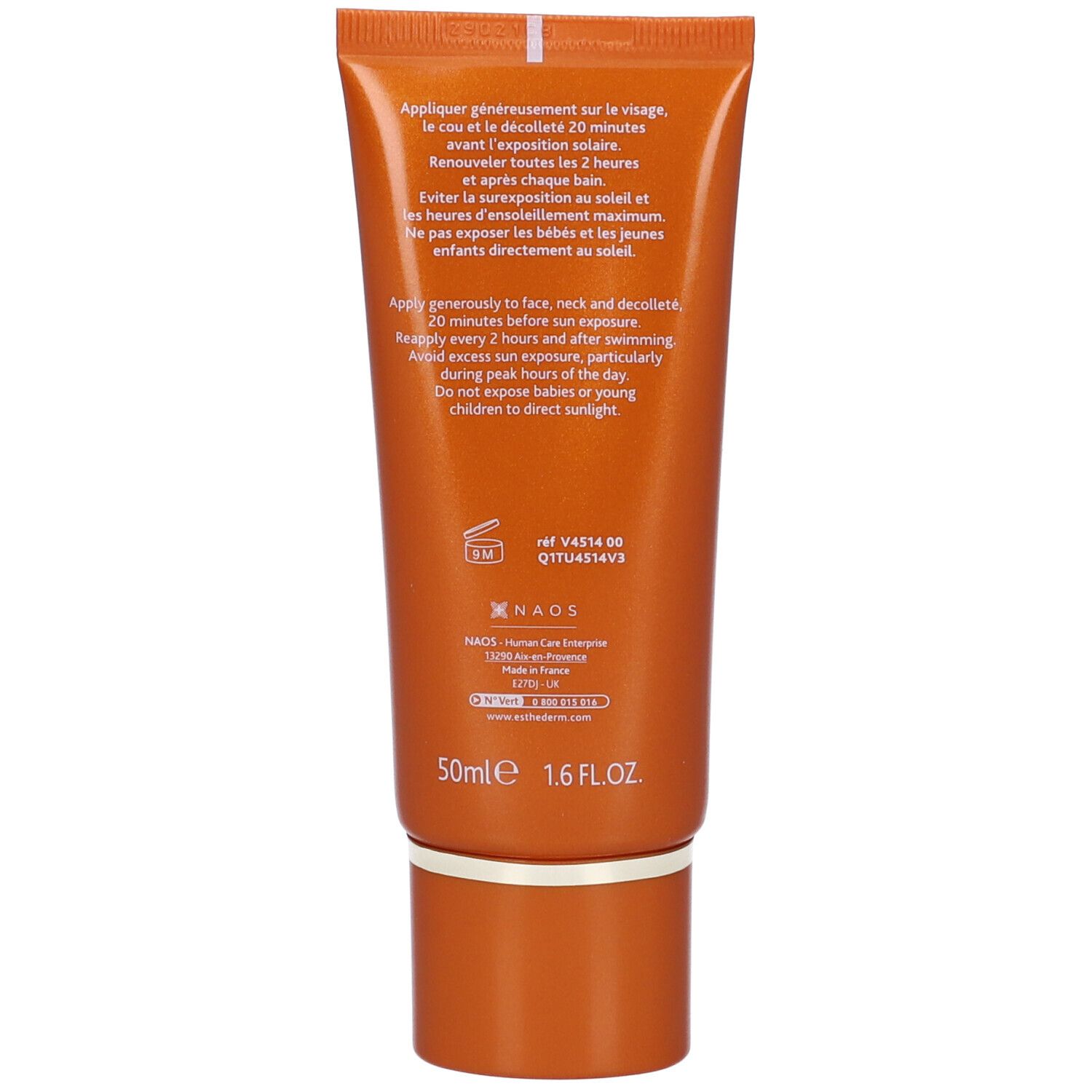 Rückseite der Sonnencreme-Tube. Text: Anwendungshinweise, Inhaltsstoffe. Farbe: Orange.