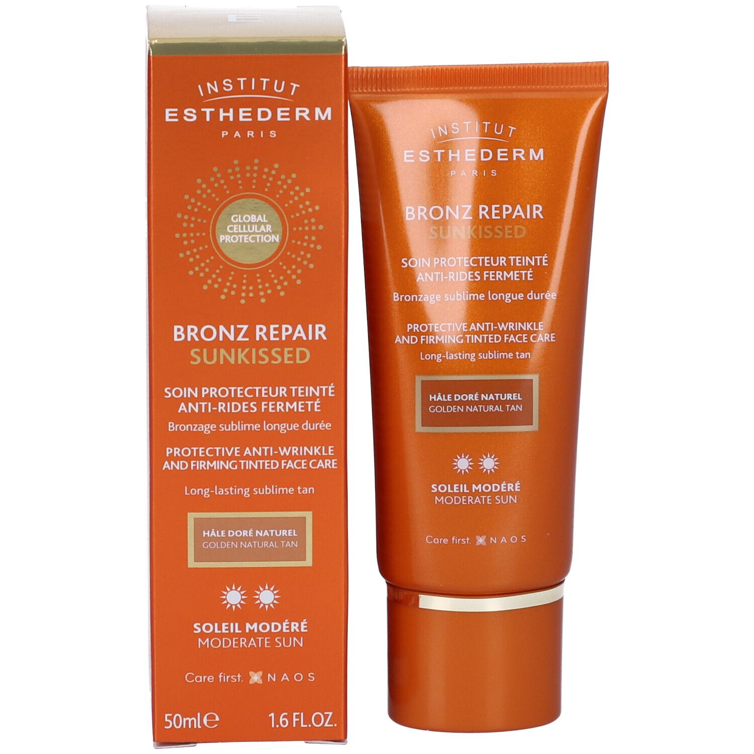 Sonnencreme-Tube und Schachtel. Text: Anti-Falten, getönt, Sonnenschutz. Marke: Institut Esthederm.