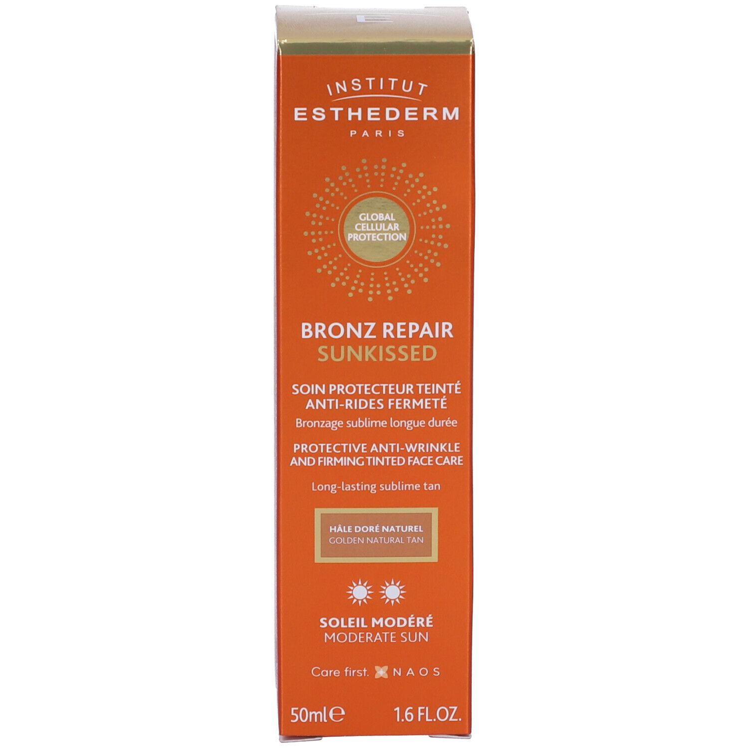 Orangefarbene Schachtel mit Sonnencreme. Text: Anti-Falten, getönt, Sonnenschutz. Marke: Institut Esthederm.