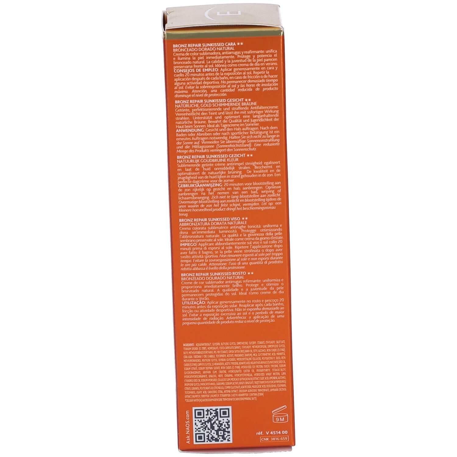 Rückseite der Sonnencreme-Schachtel. Text: Inhaltsstoffe, Anwendungshinweise. Farbe: Orange.