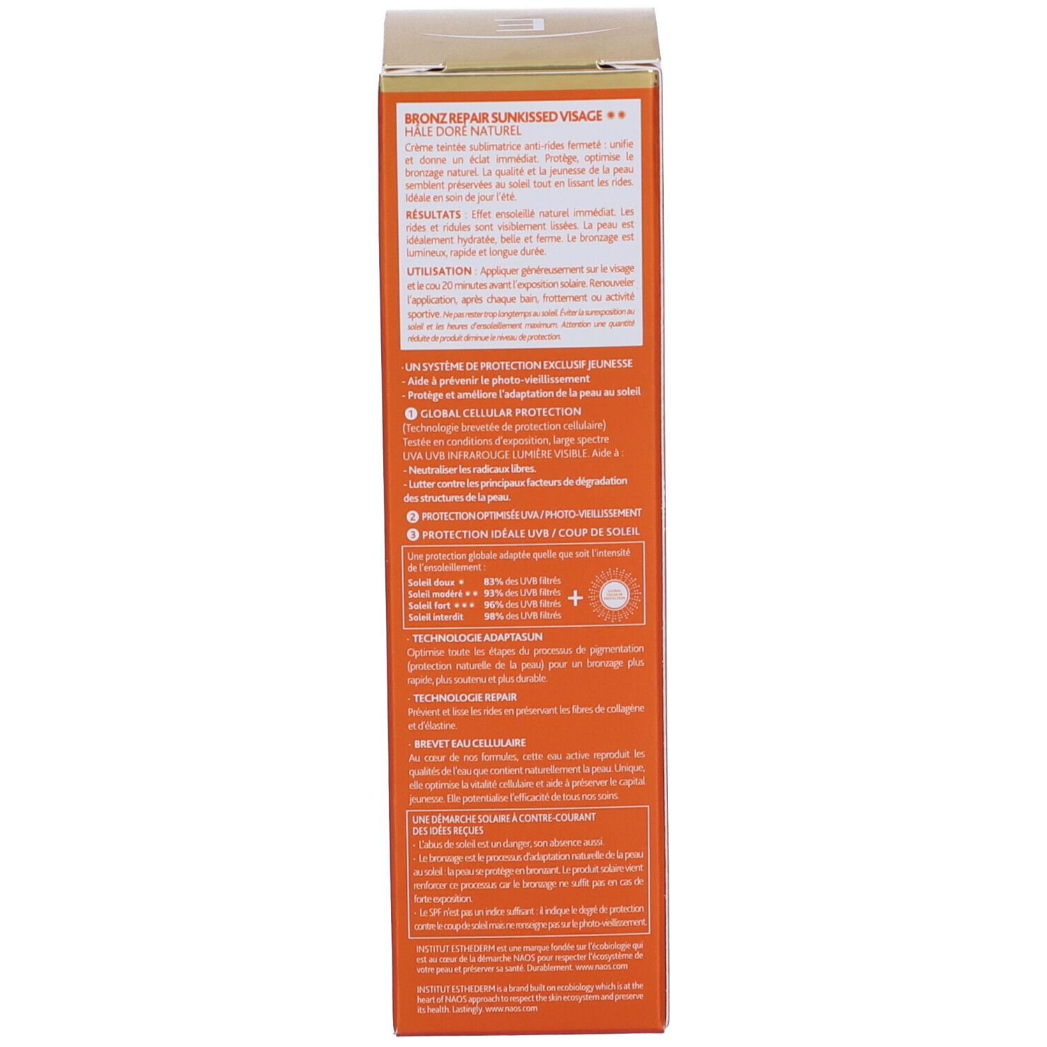 Seite der Sonnencreme-Schachtel. Text: Produktinformationen, Anwendung. Farbe: Orange.