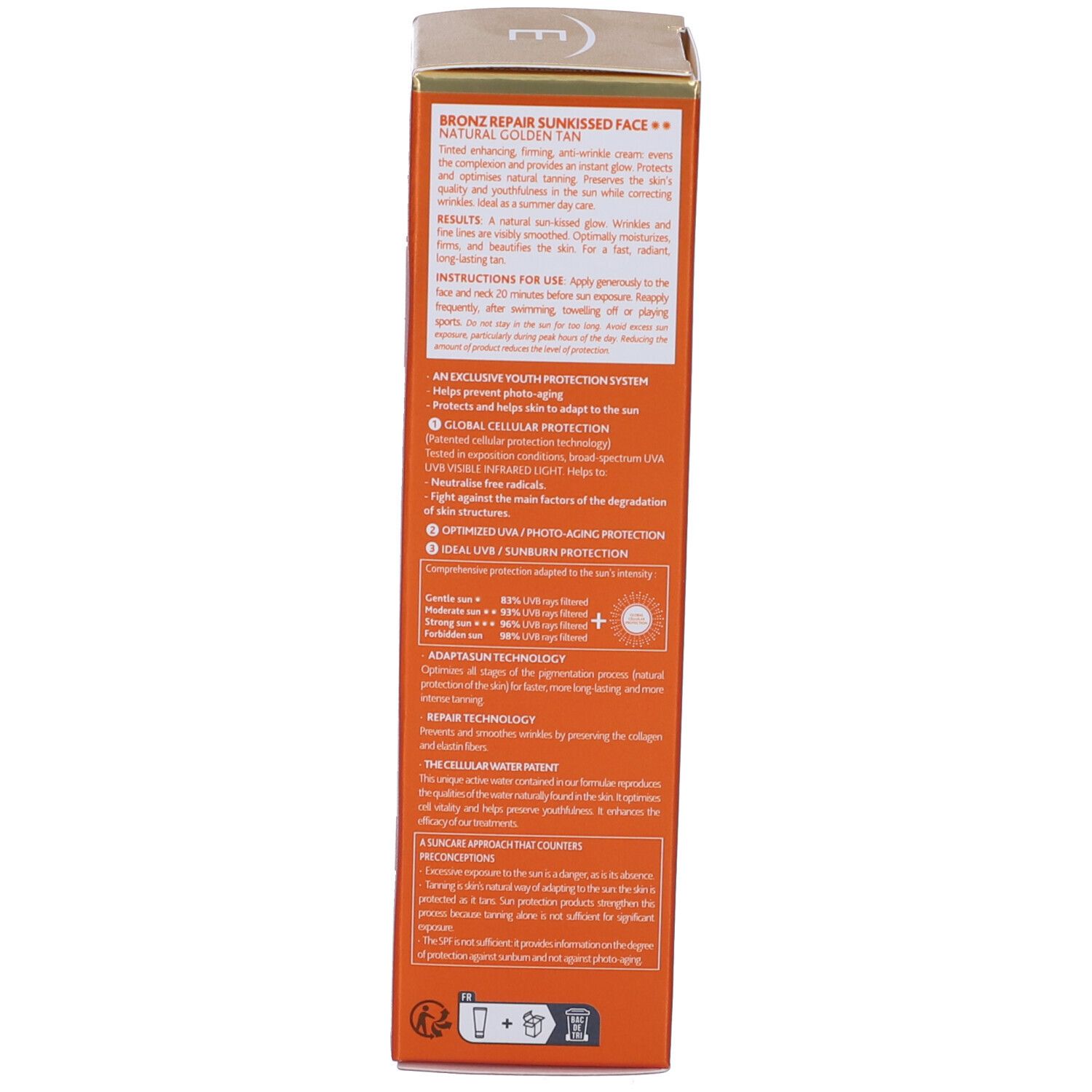 Seite der Sonnencreme-Schachtel. Text: Produktinformationen, Anwendung. Farbe: Orange.