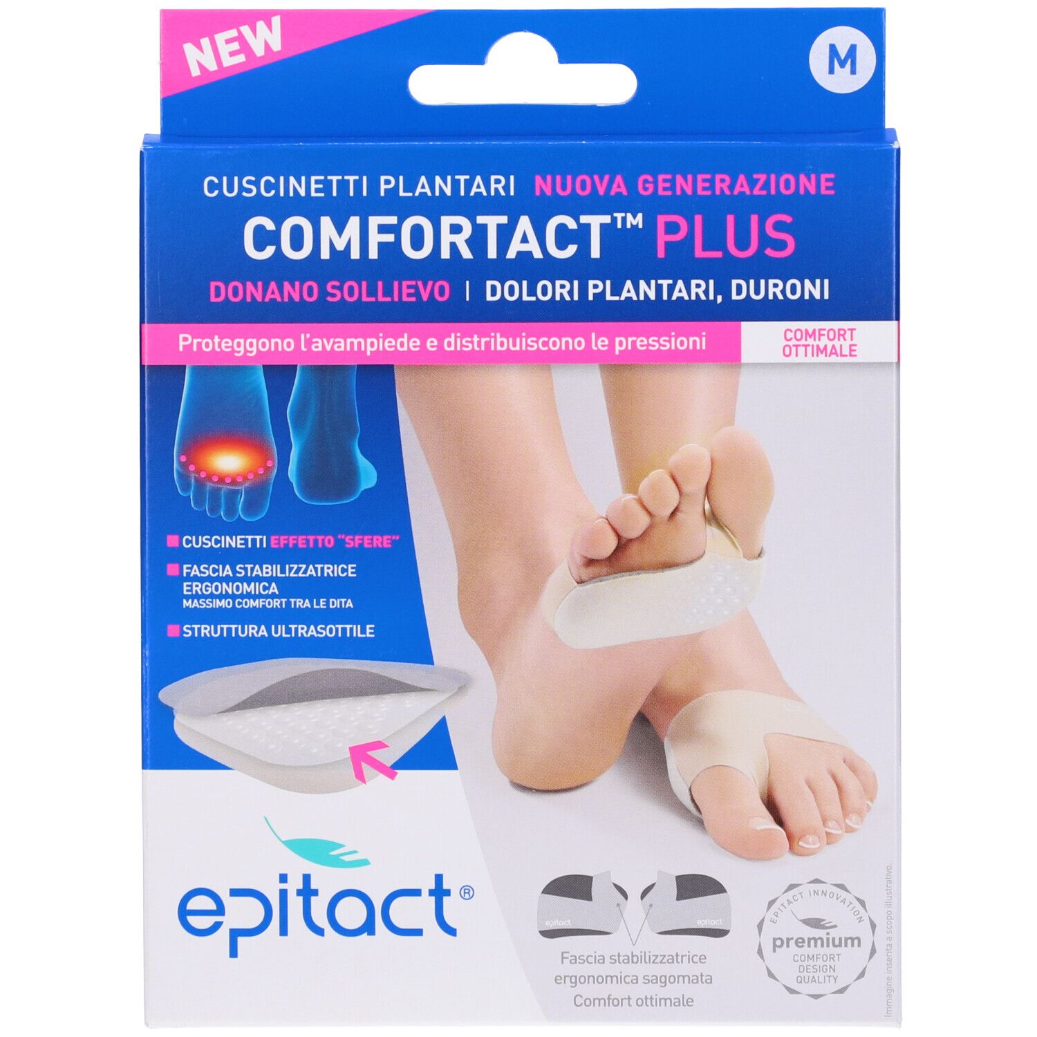 Confezione Epitact Cuscinetti Doppia Protezione Taglia M. Scatola blu, immagine del prodotto, piede con cuscinetti.