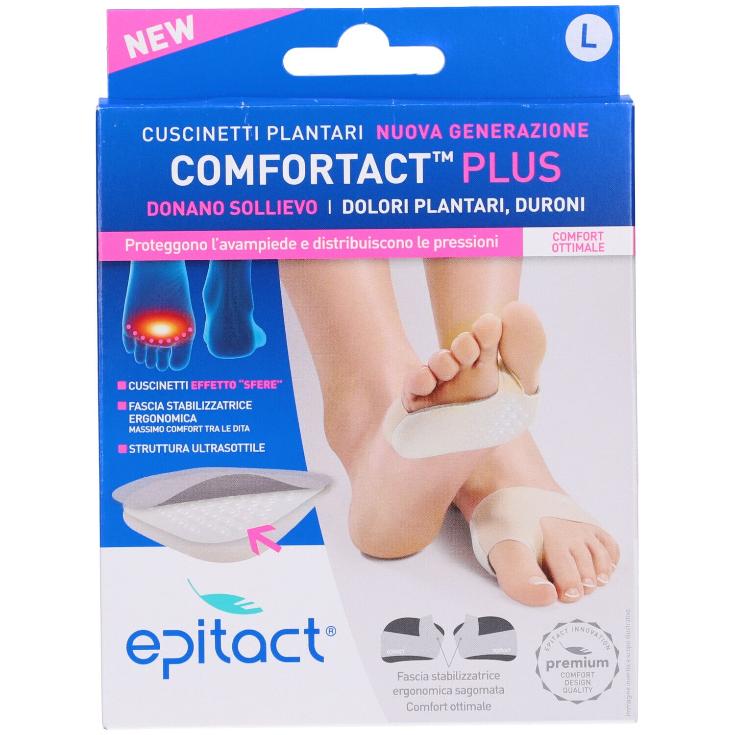 Verpackung mit Epitact Cuscinetti Doppia Protezione Taglia L. Produktabbildung und Fuß mit Einlagen. Text: Comfortact Plus.