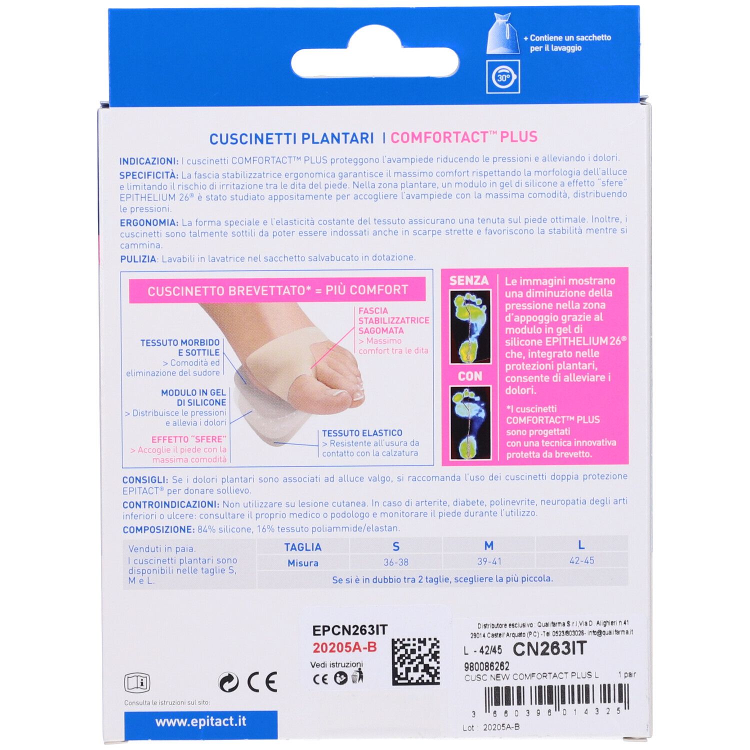 Rückseite der Verpackung Epitact Cuscinetti Doppia Protezione Taglia L. Text und Produktabbildung. Größenangaben: S, M, L.