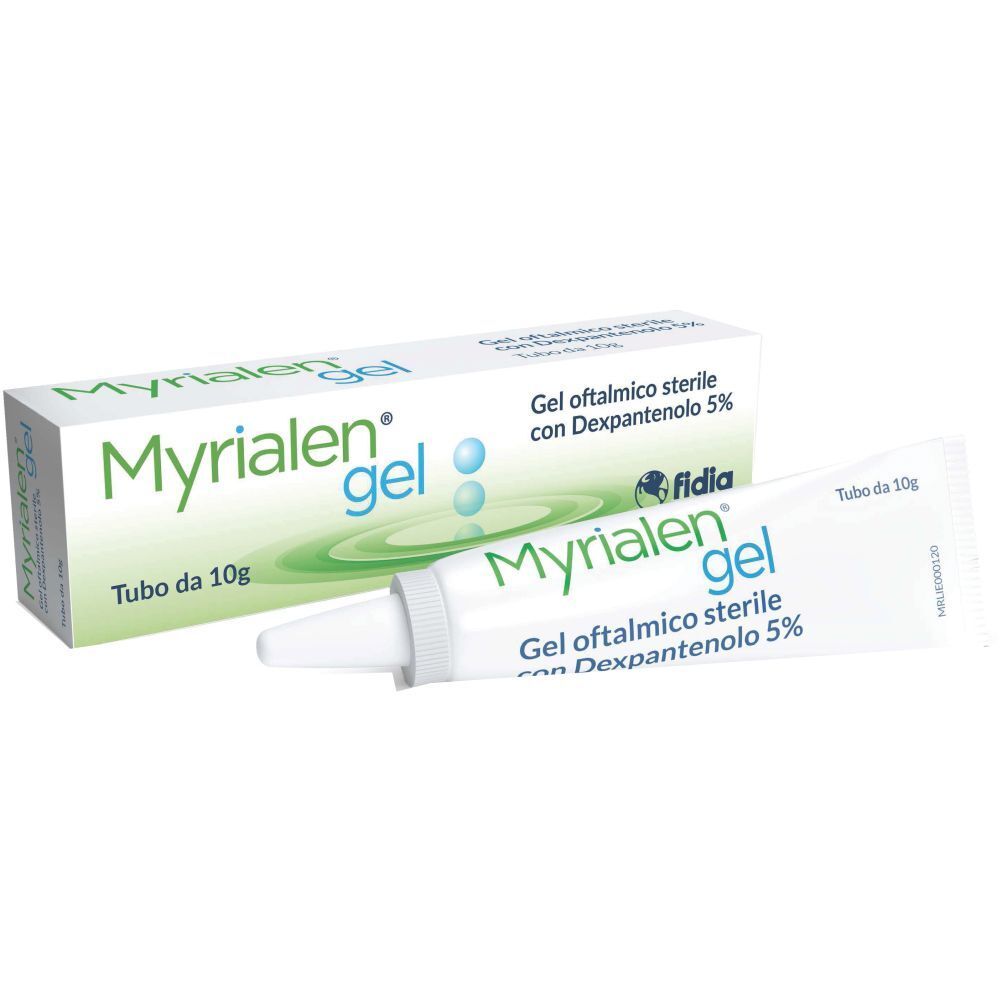Confezione e tubo di Myrialen gel. Sulla confezione e sul tubo si legge "Myrialen gel" e "Gel oftalmico sterile con Dexpantenolo 5%".