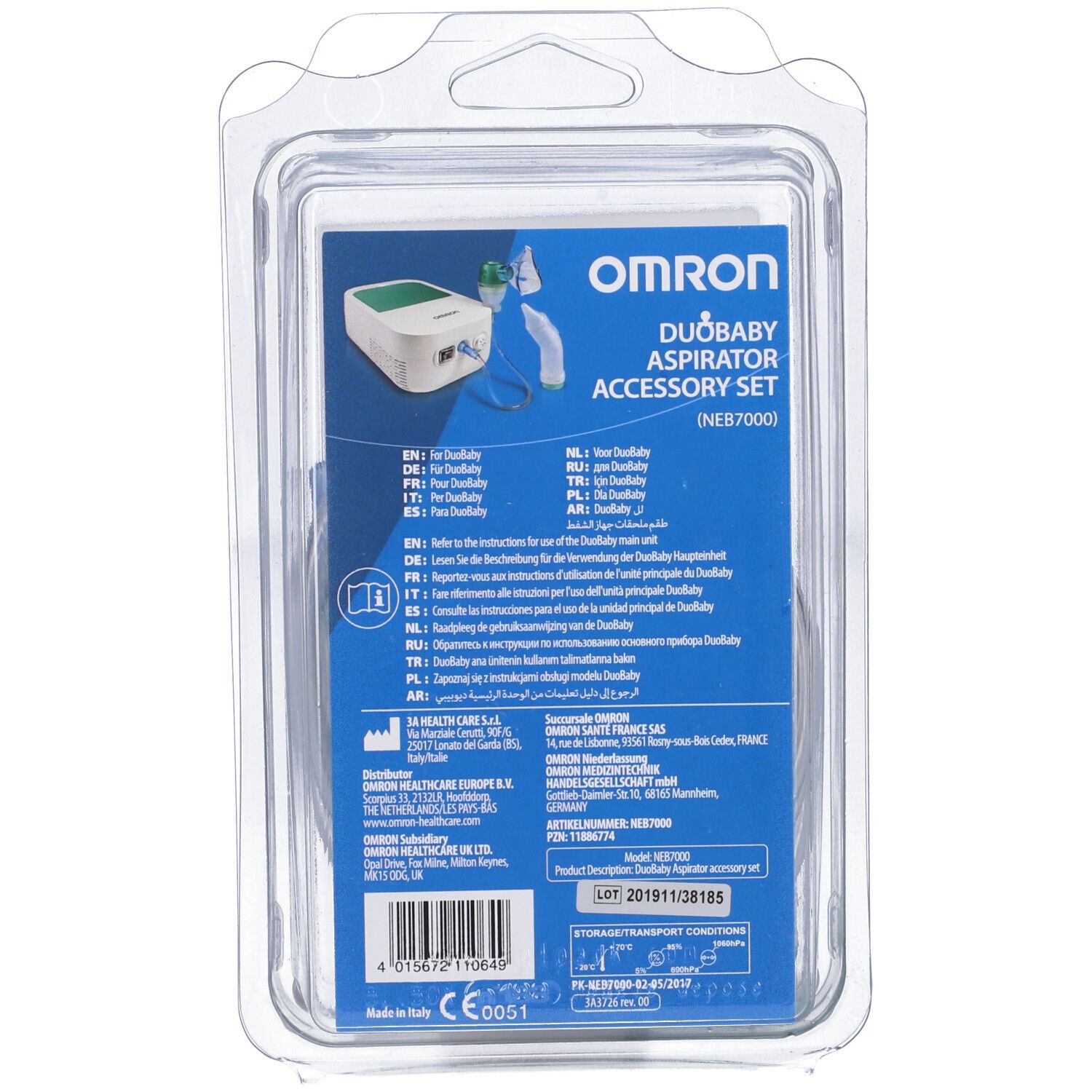 Retro confezione set accessori aspiratore OMRON Duobaby. Testo multilingue. Marchio CE.