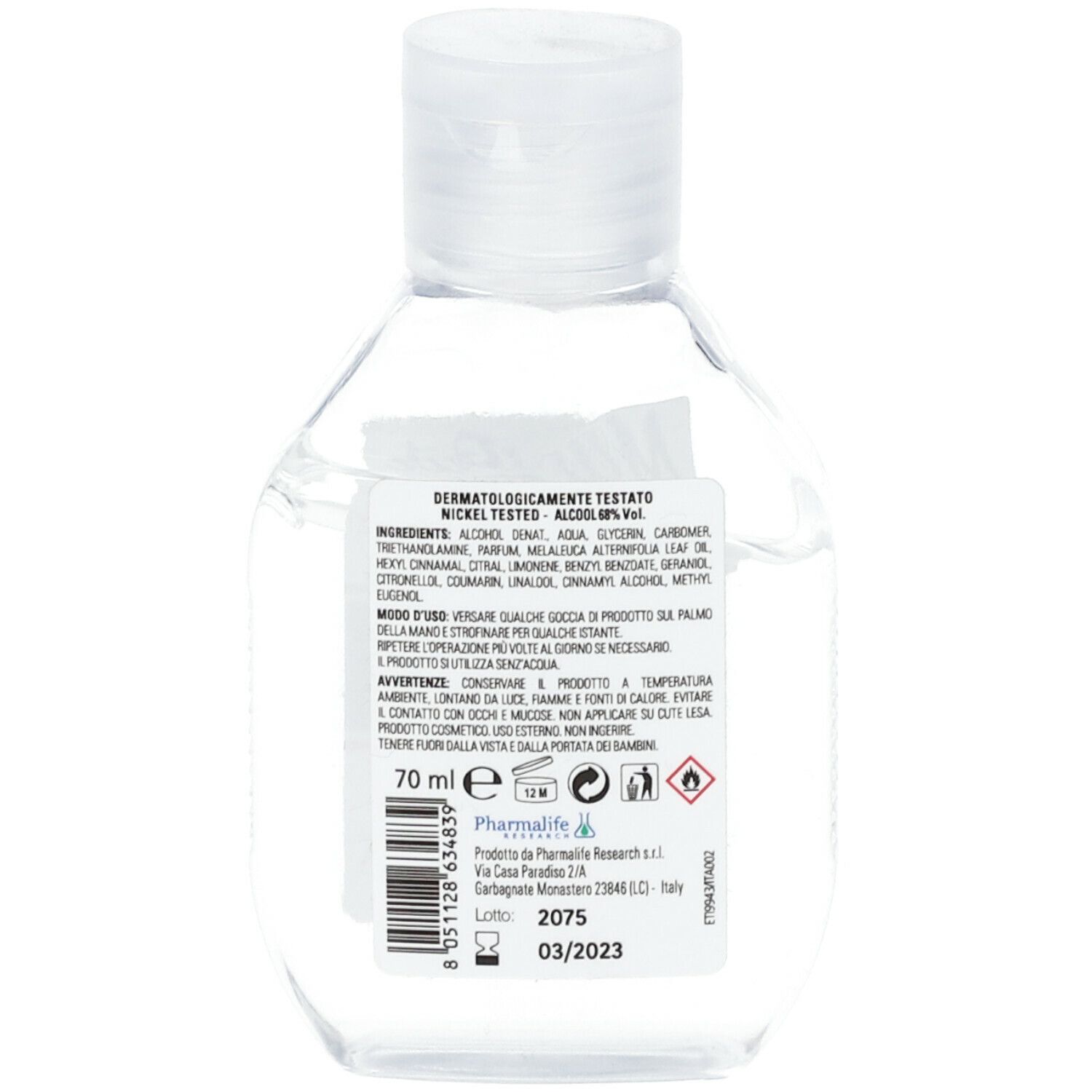 Flacone trasparente di gel disinfettante per mani ManiPur. Retro con ingredienti e avvertenze. Tappo a ribalta.