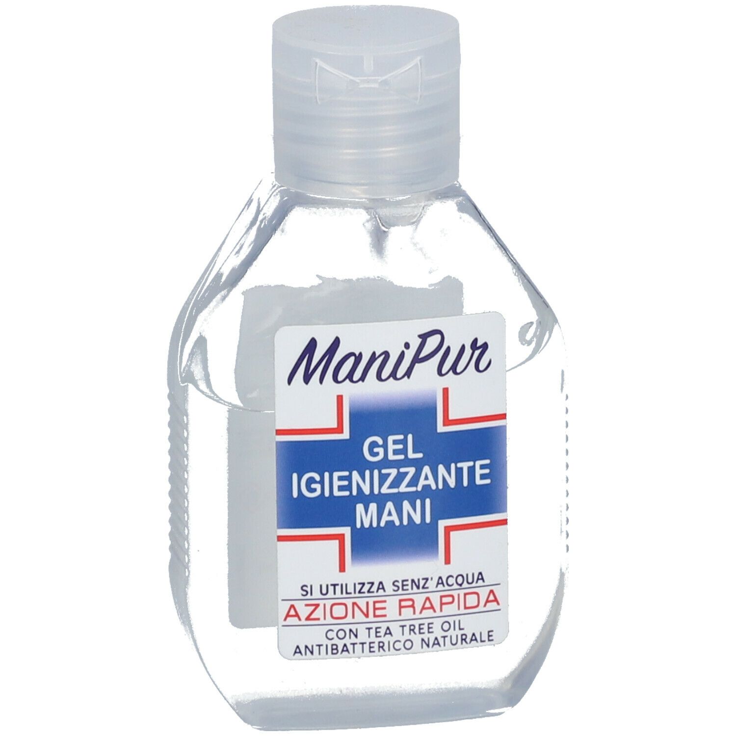 Flacone trasparente di gel disinfettante per mani ManiPur. Etichetta con nome e informazioni. Tappo a ribalta.