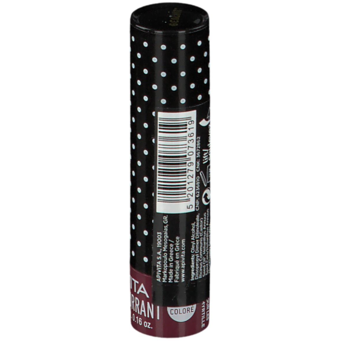 Retro stick balsamo labbra. Tappo nero a pois bianchi. Codice a barre e testo. Scritta: APIVITA BLACK CURRANT. 4,4 g.