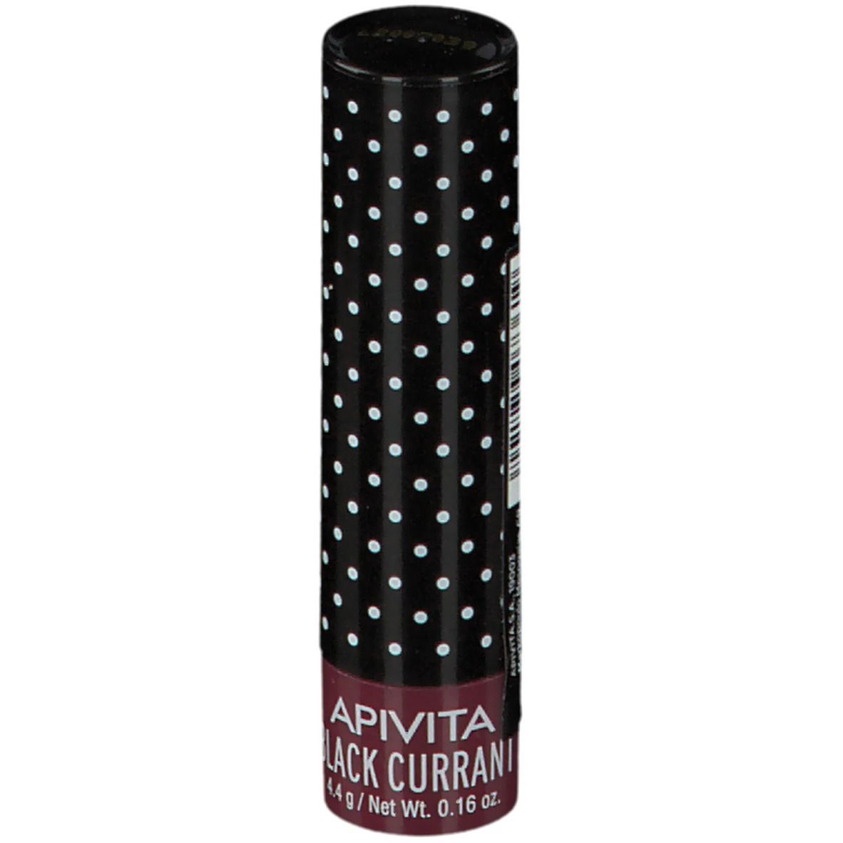 Stick balsamo labbra. Tappo nero a pois bianchi. Scritta: APIVITA BLACK CURRANT. 4,4 g / Peso netto 0,16 oz.